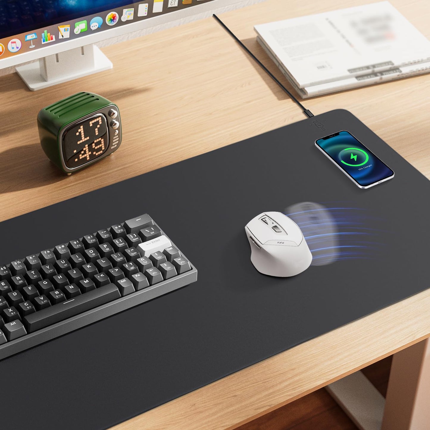 Wireless Charging Desk Mat and Leather Mouse Pad Combo - Organize Your Workspace with This Multi-Functional Desk Pad Mat, Offering Wireless Charging and a Sleek Mouse Pad Surface (Black-R,32"*16")