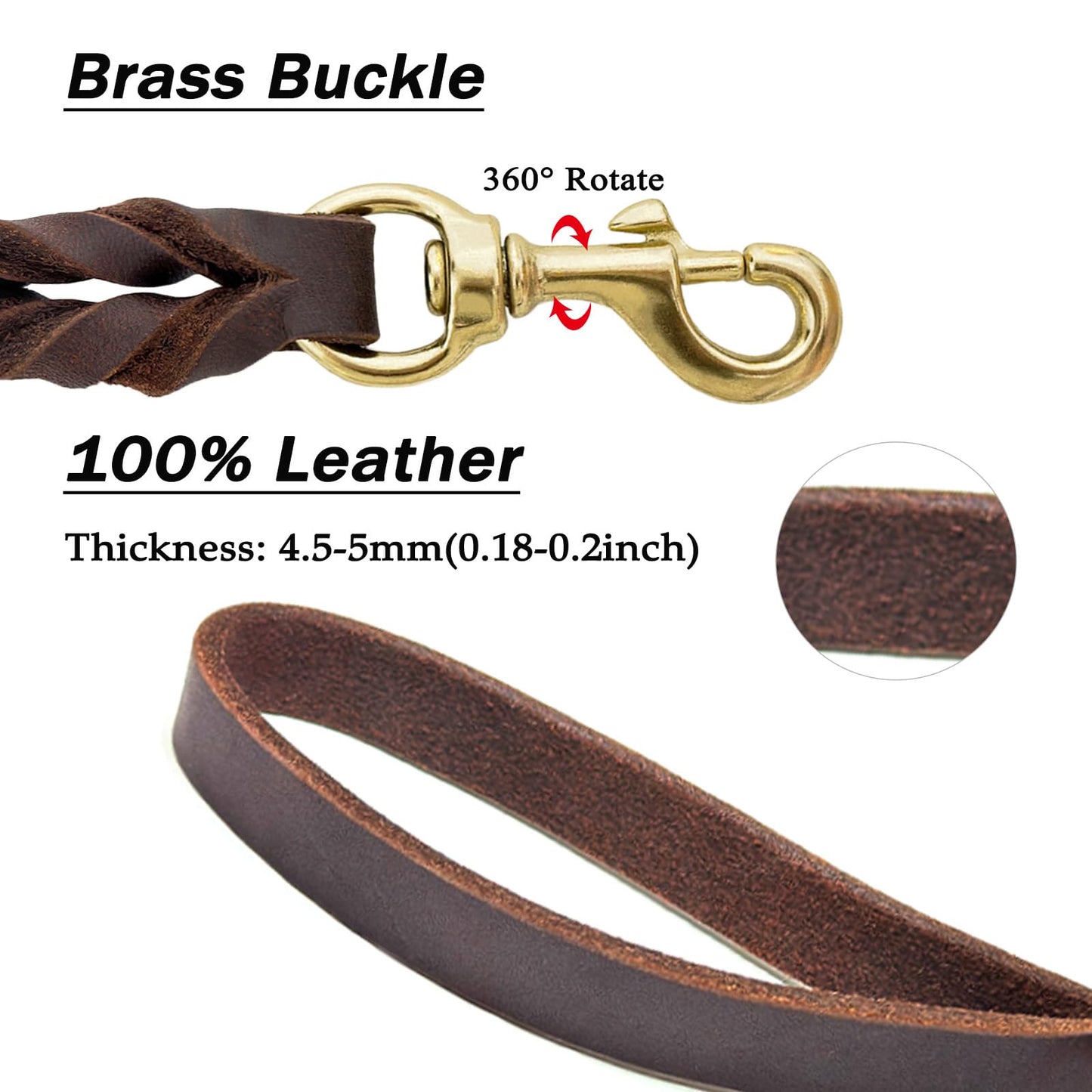 Guiding Star Brown 10ft Braided Leather Dog Training Leash with Copper Hook, Heavy Duty Dog Leash for Large, Medium and Small Dogs, Two Sizes for Your Choice (L)