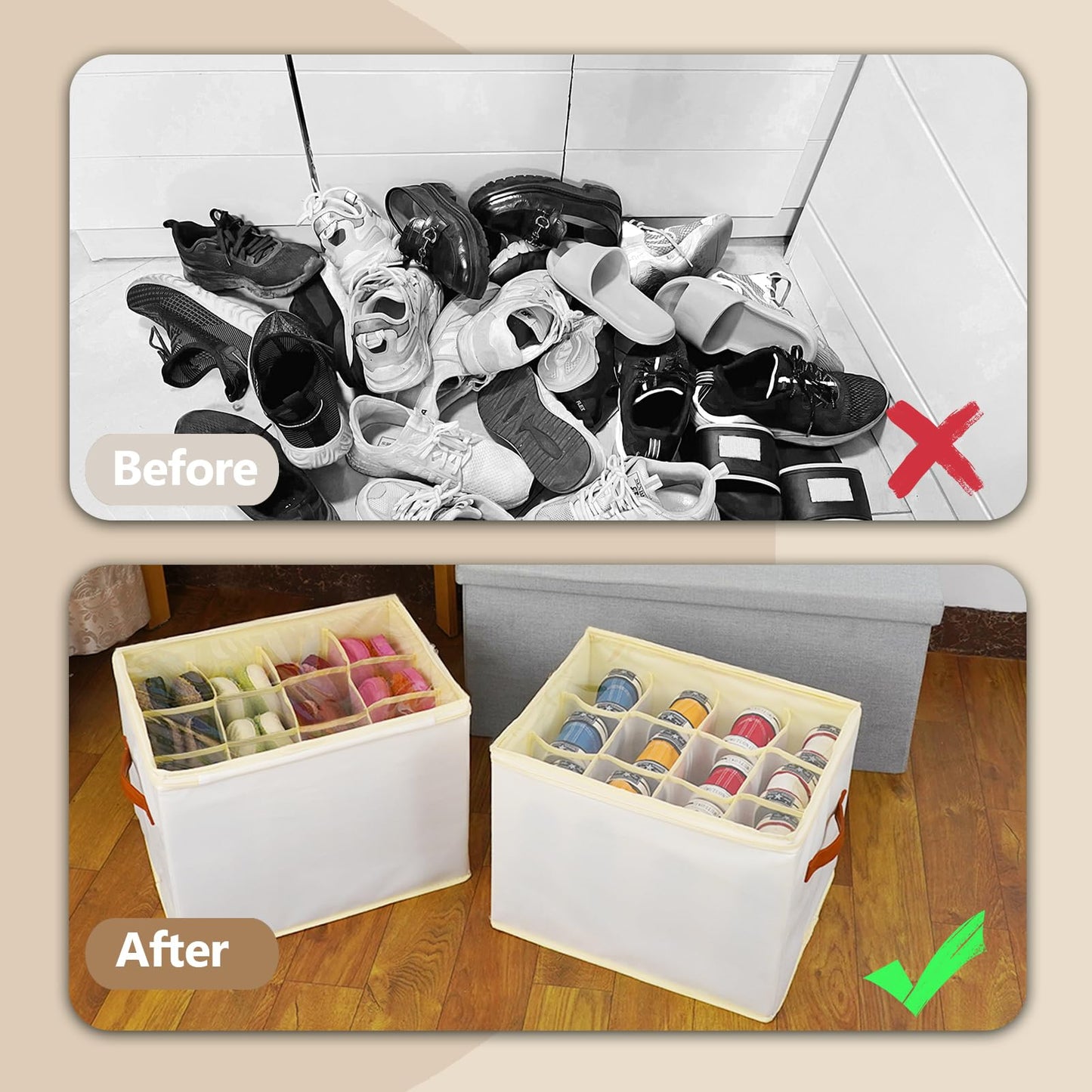 Patinao 3 Pack Shoe Storage Box Organizer for Closet - 24 Cell Space Saver Shoes Containers Bin with Clear Lids Stackable, Can Fit Ottoman, Foldable Shoe Rack Cabinet Cubby for Wardrobe
