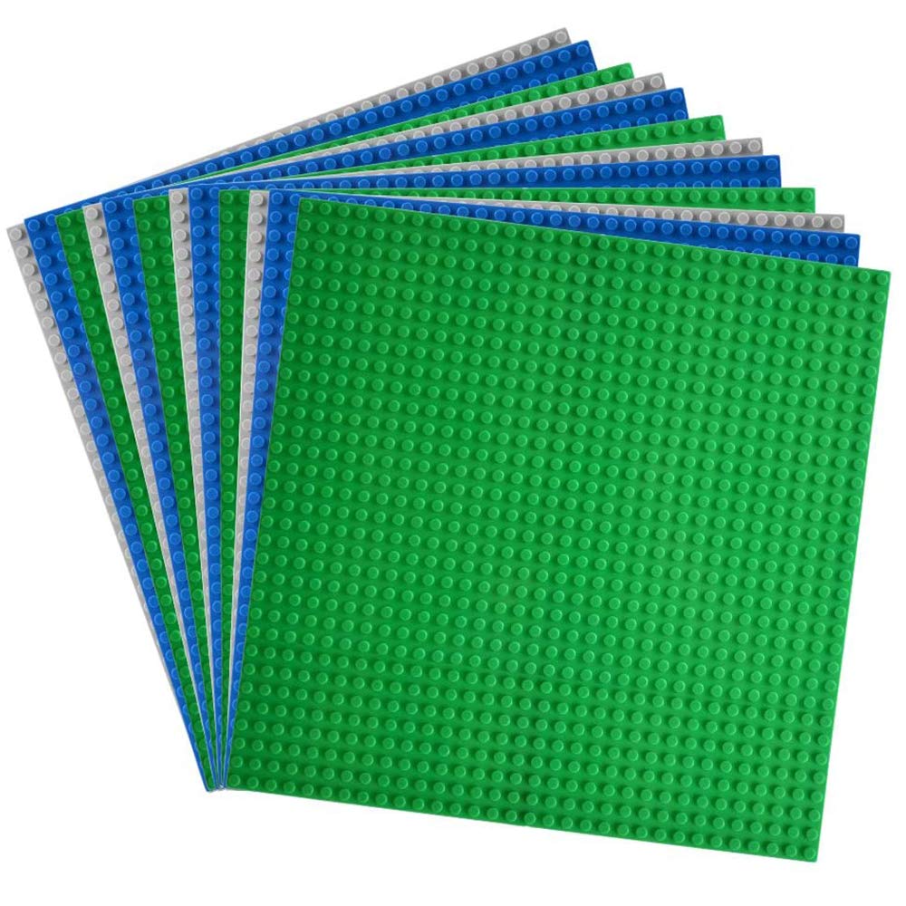 Lekebaby Classic Baseplates 12 Packs, 10" x 10" Building Base Plates for Kids Play Compatible with All Major Brands (Green,Grey and Blue)