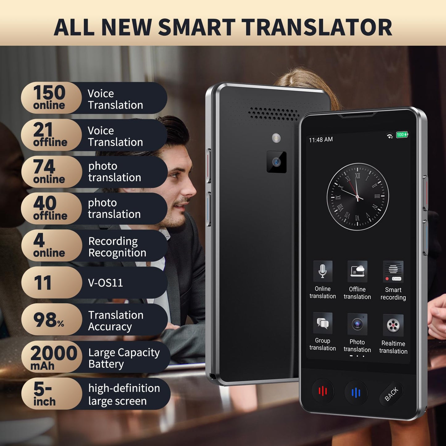 AI Language Translator Device, 2025 Upgraded Translator No WiFi Needed, Support ChatGPT, Voice Instant Two-Way 150 Language Translator, Offline/Recording/Photo Translation for Business Travel
