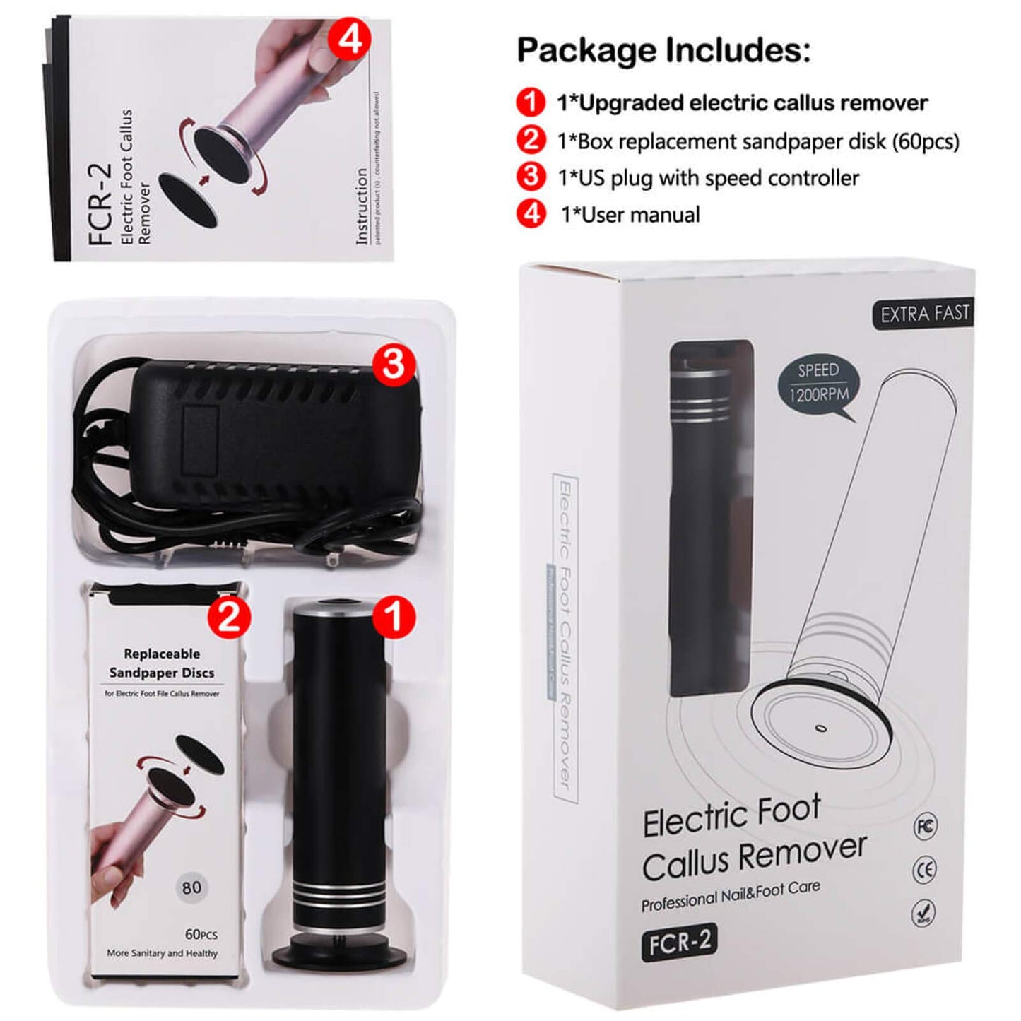 Upgraded Callus Remover Electric Foot File (Adjustable Speed) with Replacement Sandpaper Discs, Professional Pedicure Foot Sander for Dead Cracked Hard Skin Calluses (Black)