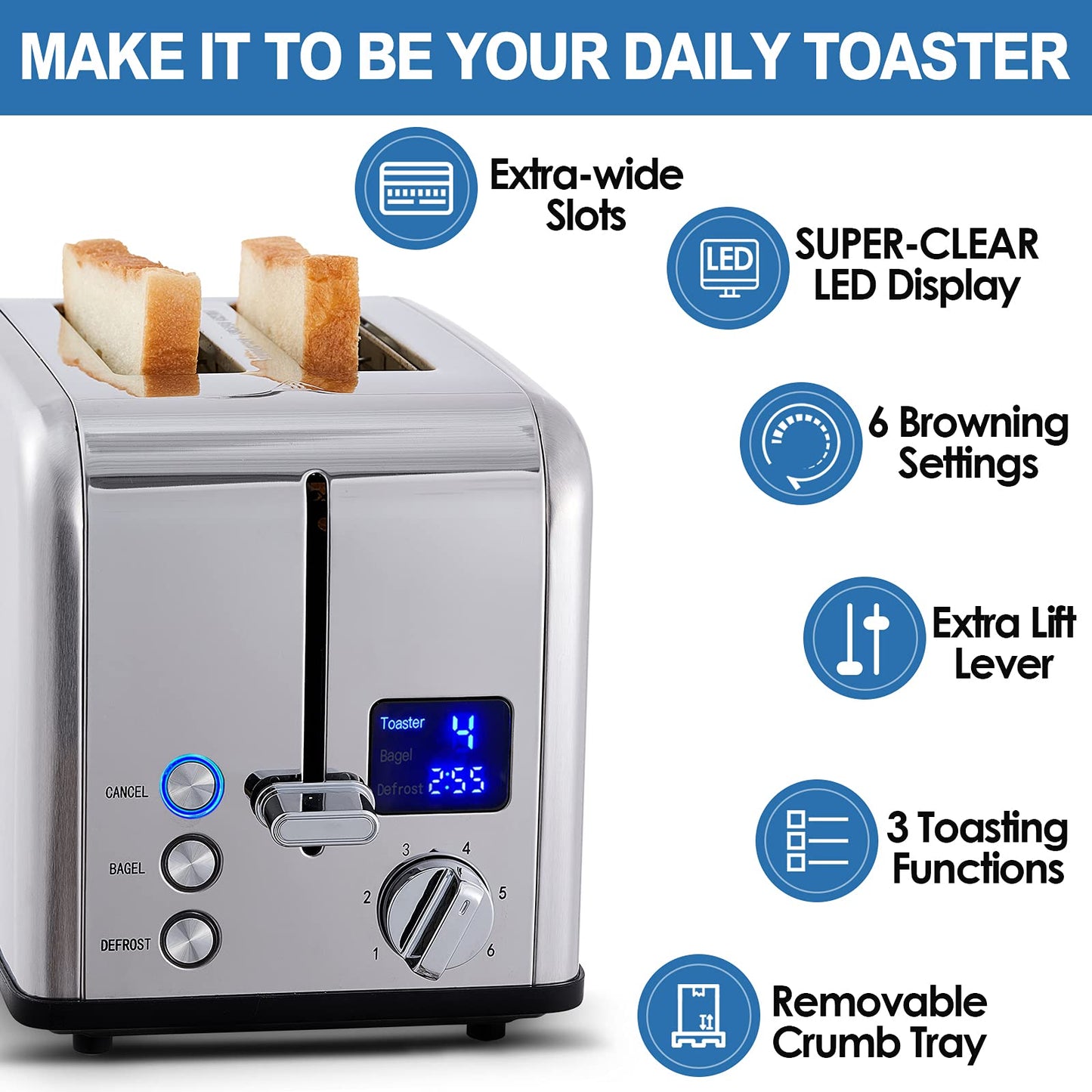 Toaster 2 Slice, CUSIMAX Stainless Steel Toaster with Large LED Display, Bread Toaster 1.5'' Extra-wide Slots with 6 Browning Settings, Cancel/Bagel/Defrost Function, Removable Crumb Tray, Silver