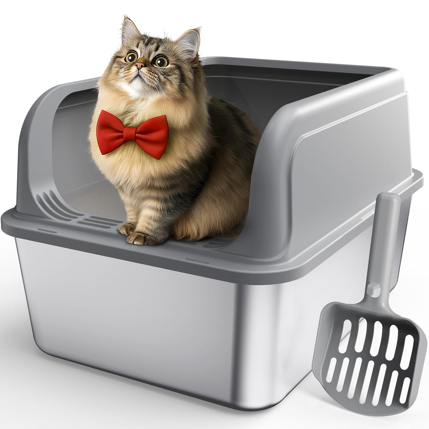 Powools Stainless Steel Cat Litter Box for Kittens, Metal Kitty Litter Box with Scoop, Anti-Leakage Top Entry, Non-Sticky, Easy to Clean, Grey, S (1 Pack)