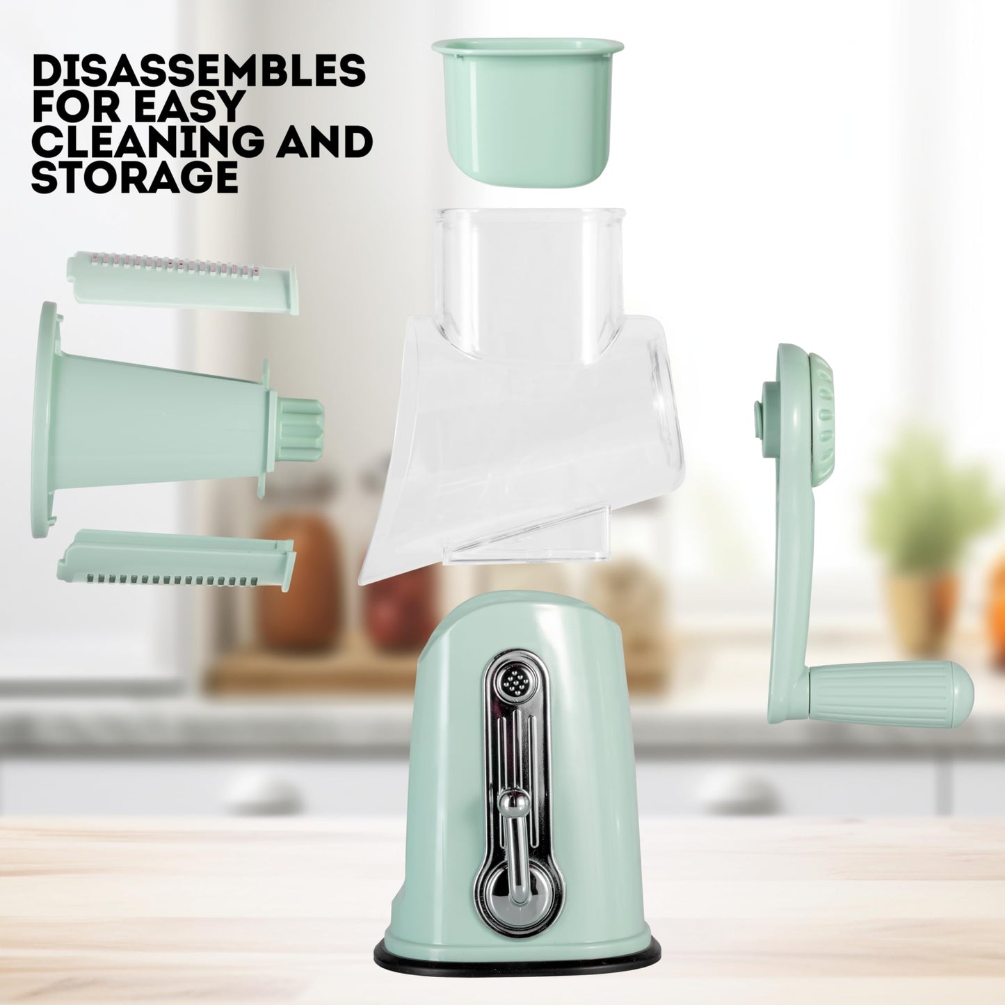 Rotary Cheese Grater 5-in-1 with Handle – Vegetable Slicer, Shredder, Carrot Grater, Nut Grinder & Chocolate Shaver, Durable Stainless Steel Blades (Light Green)