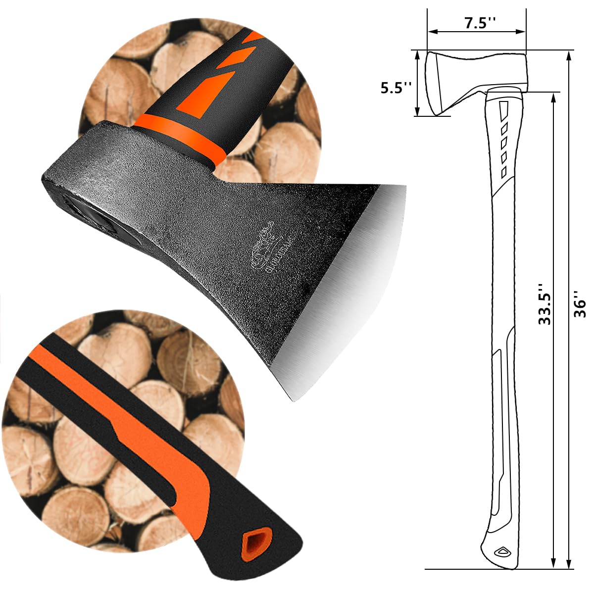 Chopping Axe, Hand Axe, Camp Hatchet for Splitting Kindling and Chopping Branches, Wood Chopping Axe 5.5 lb with 36-in Fiberglass Handle (L)