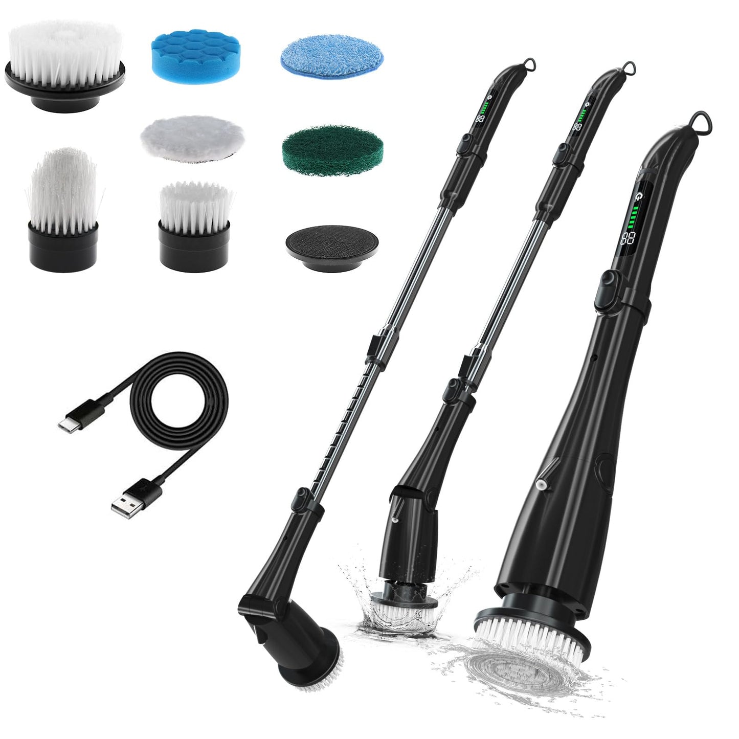 Y-Kelin Electric Spin Scrubber，2025 New LED Monitor Electric Cleaning Brush Scrubber,Power Scrubber 3 Adjustable Speeds,Detachable Long Handle, Shower Cleaning Brush for Bathtub,Floor (Black)