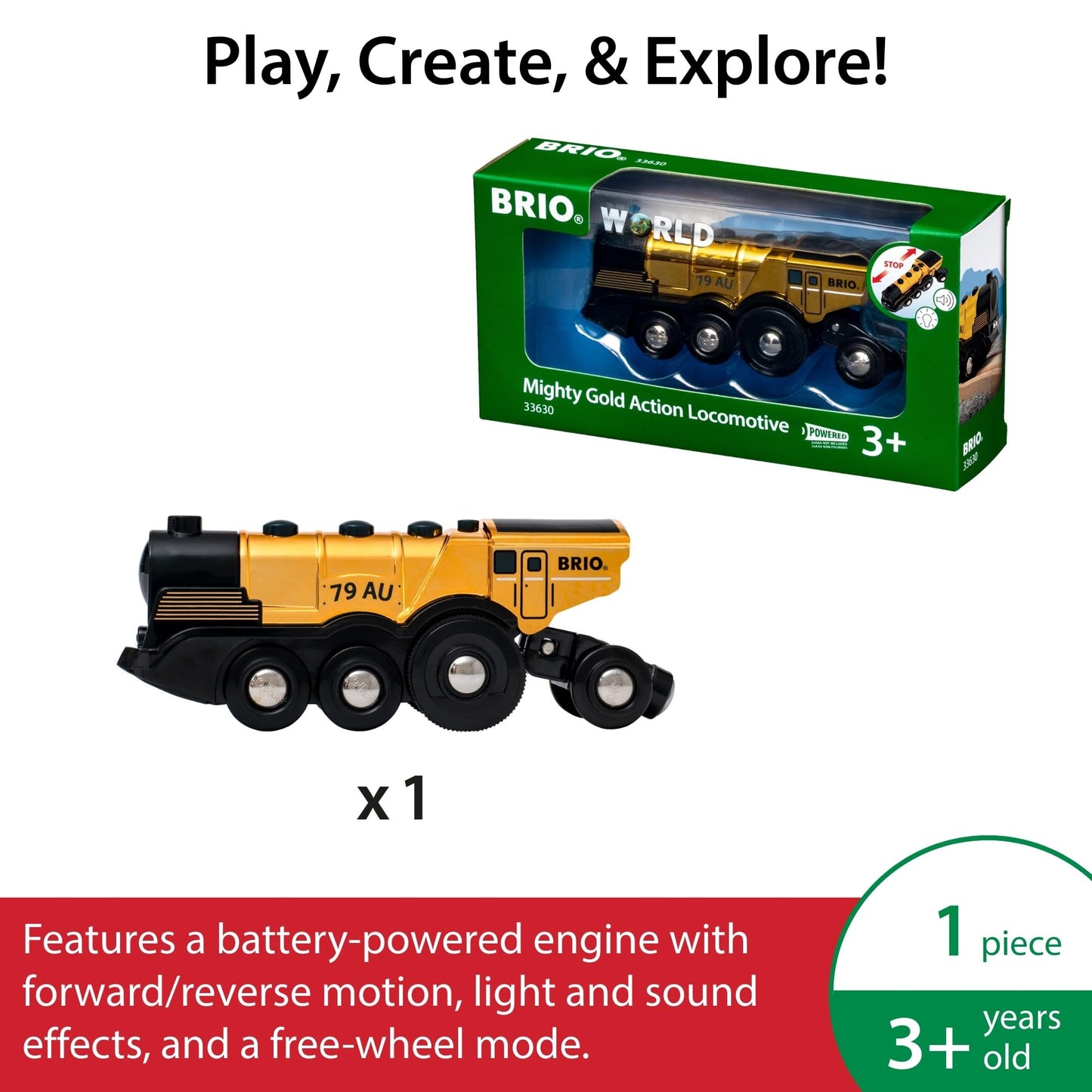 BRIO World 33630 Mighty Golden Action Locomotive | Battery Operated Toy Train with Light and Sound Effects for Kids Age 3 and Up, Gold