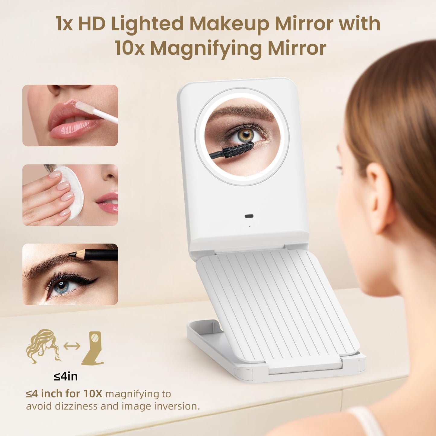 LAMPICK Travel Makeup Mirror with Lights, Foldable 1X Vanity Lighted Mirror with 10X Magnification, Rechargeable 1500mAh Battery, Dimmable Touch Screen, Freely Adjust Height and Angle