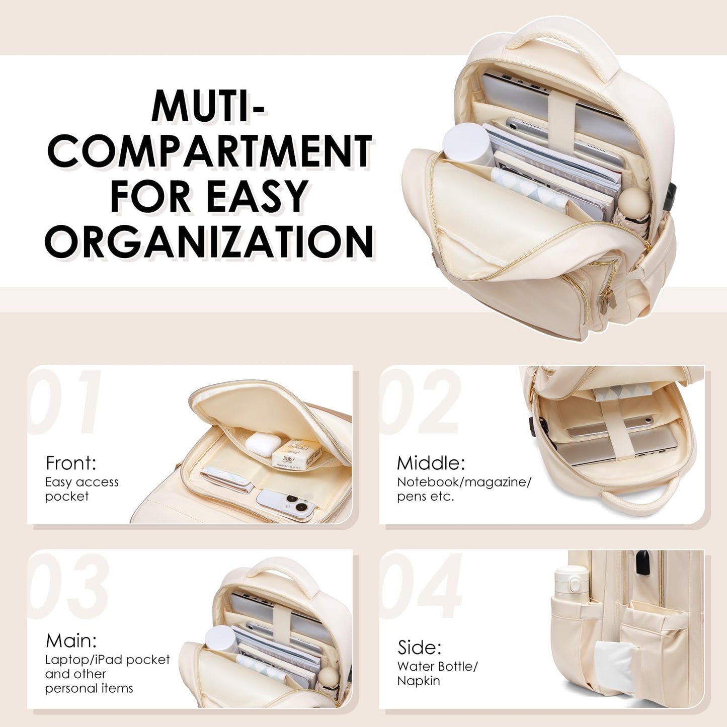 MDODO Laptop Backpack for Women,Travel Backpack with Laptop Compartment,Casual Daypack College Bookbag Computer Backpack for Work with Small Organizer Bag, Beige
