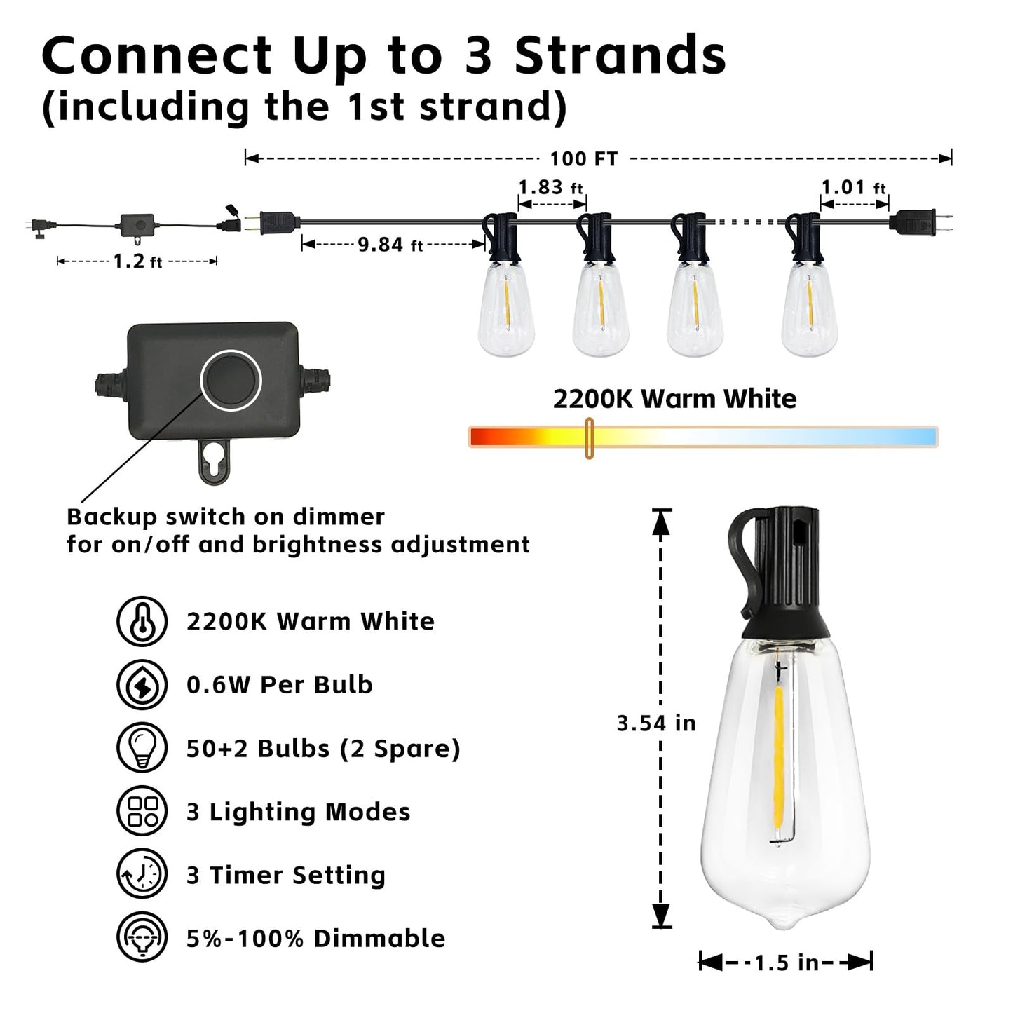 ST38 Outdoor 100FT String Lights with Remote, Waterproof Patio Lights with Dimmer and Timer, Outside Hanging Lights with 50+2 Shatterproof LED Edison Bulbs for Gazebo Backyard Deck Balcony 2200K