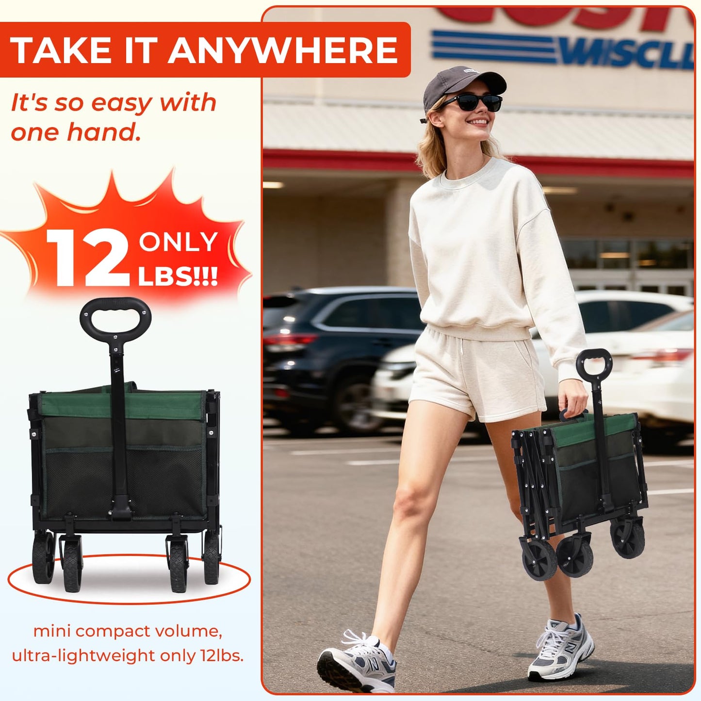 Duhkoi Collapsible Folding Wagon with Tailgate, 12lbs Medium Utility Cart, 120L Compact Capacity Wagon with Wheels, Adjustable Handle & Cup Holders for Shopping & Outdoor Use (Black Gray)