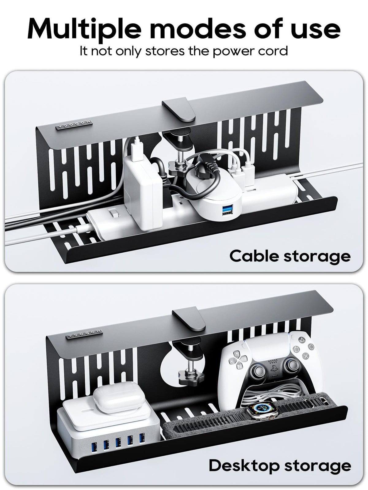 NODOCA No Drill Under Desk Cable Management Tray, 35cm Wire Management, Punch-Free Clamp on, Newest Metal Cable Tray, Wire Organizer Under Desk, Under Desk Basket for Office and Home, Black