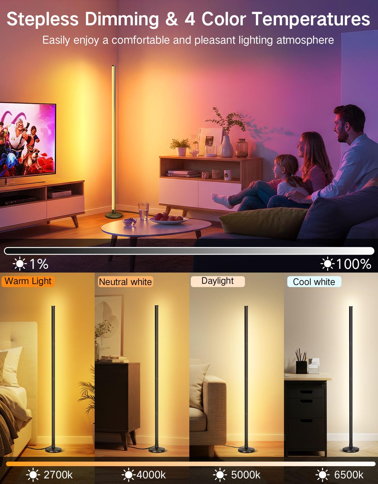 OUTON LED Floor Lamp, 24W RGBCW Corner Lamp with 256 Scenes & 16 Million Colours, Smart APP & Remote Control, Music Sync, Dimmable Colour Changing Standing Lamp for Living Room Bedroom Gaming Room