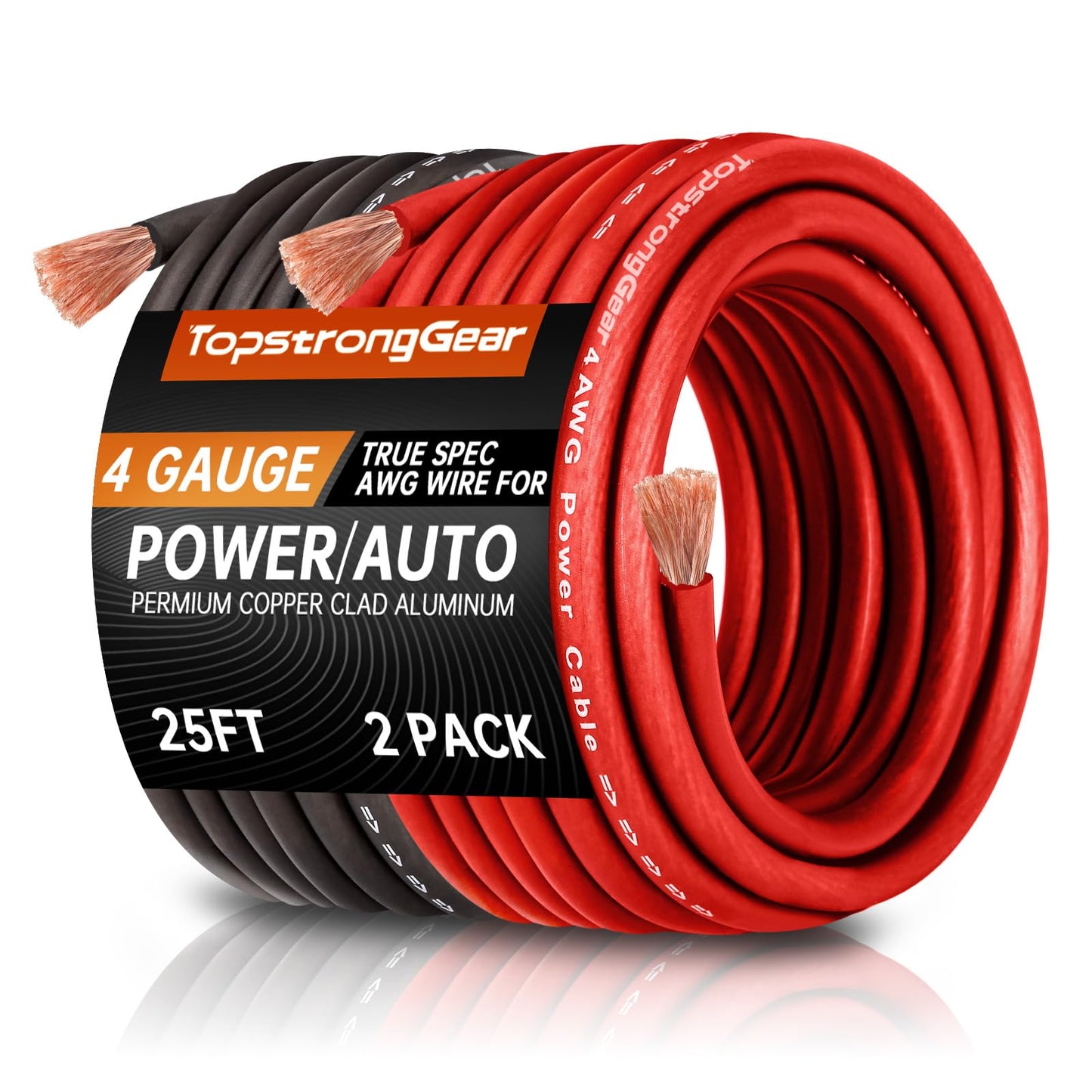 TOPSTRONGGEAR 4 Gauge 25ft Black and 25ft Red Power/Ground Wire True 4 AWG Power Wire-True Spec and Soft Touch Cable (Black&Red) (25FT Red & 25FT Black)