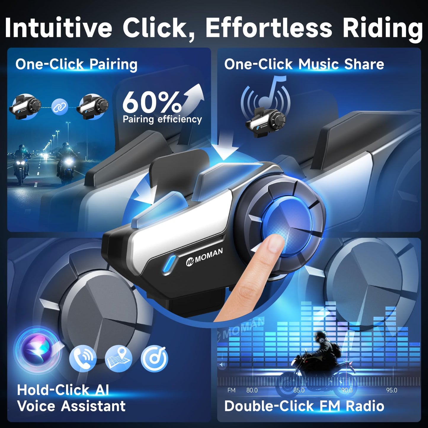 Motorcycle Intercom, Moman H2S Motorbike Helmet Headset 2-Way 1000M Communication System with Triple Noise Cancellation Audio Multitasking Hi-Fi Stereo Music Sharing FM AI Voice Waterproof, 2 Pack