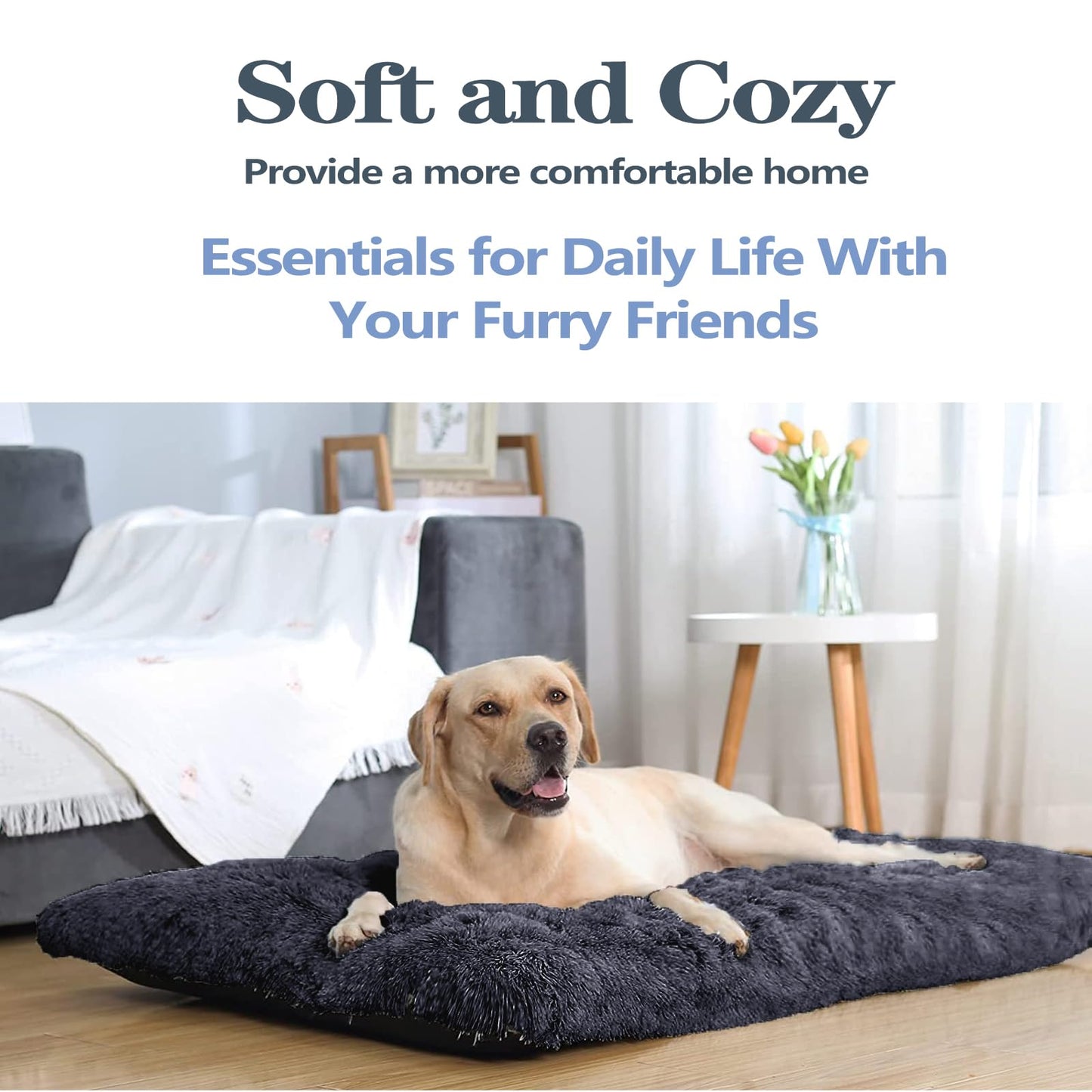 Dog Bed, Dog Beds for Extra Large Dogs, Long Plush Soft Calming Pet Bed, Washable Comfortable Crate Mat with Anti-Slip Bottom