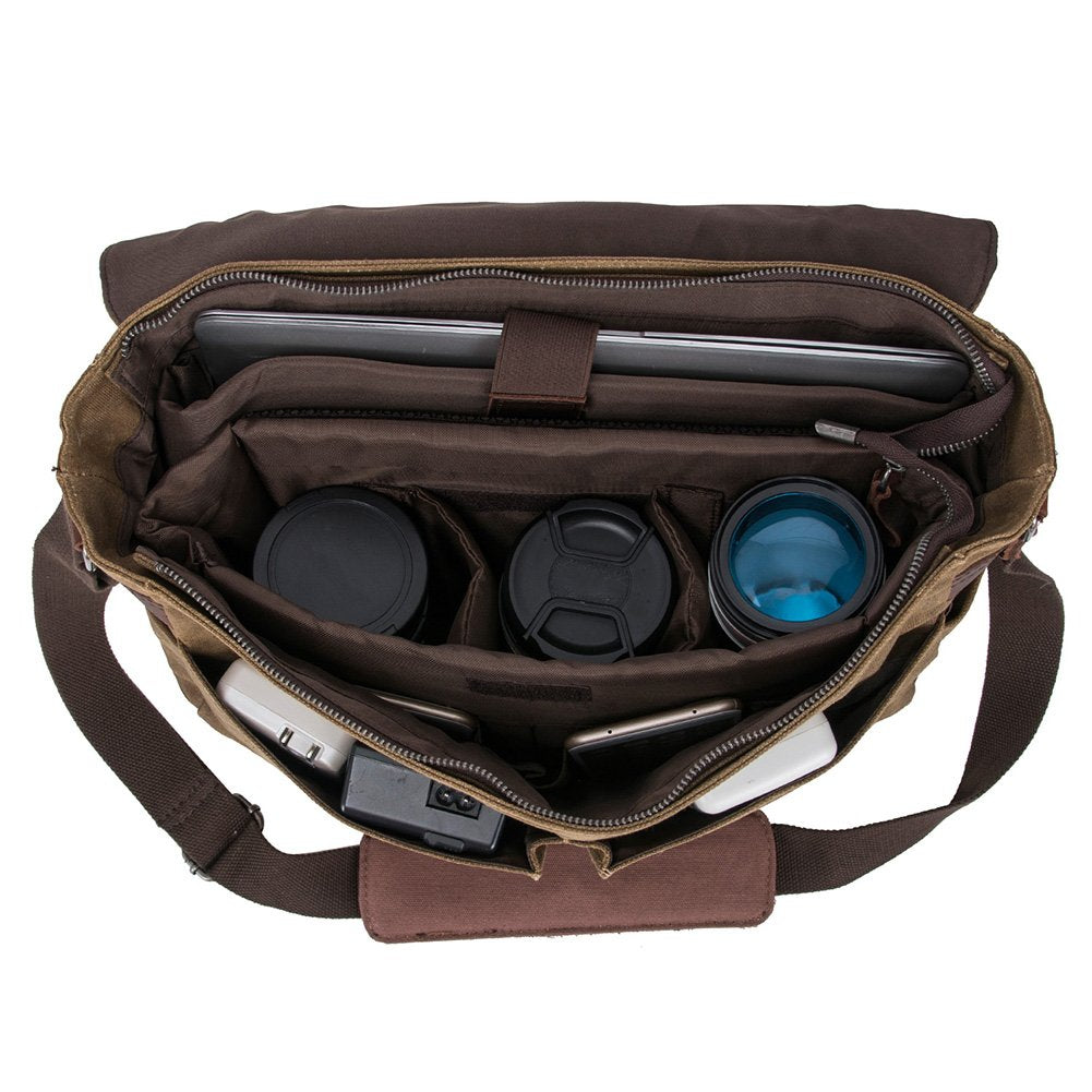 Waterproof Waxed Canvas 15.6" Laptop Messenger Bag Men Business Vintage shoulder bag / Briefcase (Khaki-2)