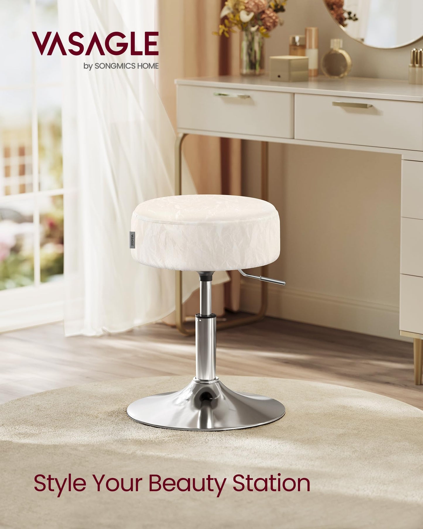 VASAGLE Adjustable Vanity Stool, Makeup Vanity Chair, 360° Swivel, PU Upholstery, Thick Cushion, for Bedroom, Kitchen, Dining Room, Modern, Cream White ULJB120W01