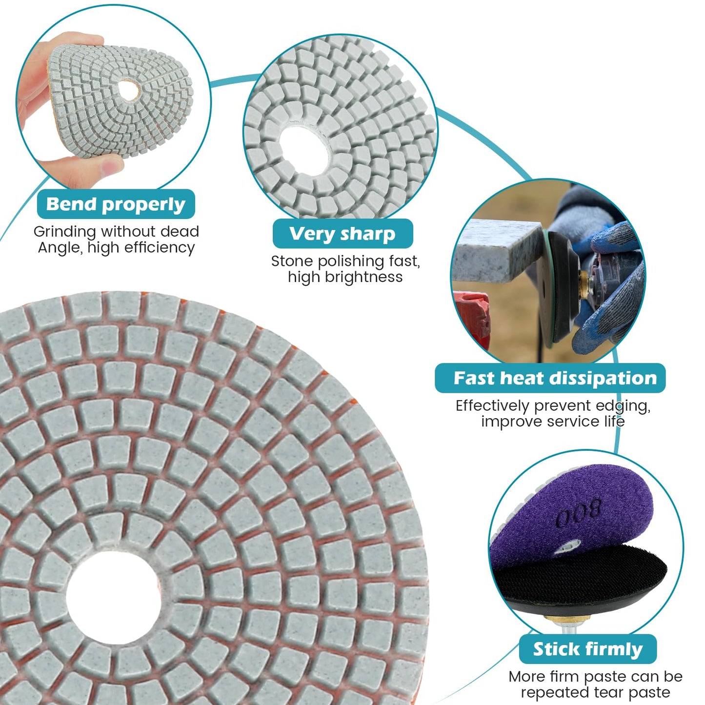 Abizarch 15Pcs 4 Inch Diamond Polishing Pads with Backer Pad, Wet/Dry 50-8000 Grit Polish Pad Kit for Drill Grinder Polisher Concrete Granite Marble Quartz Countertop Stone Rock