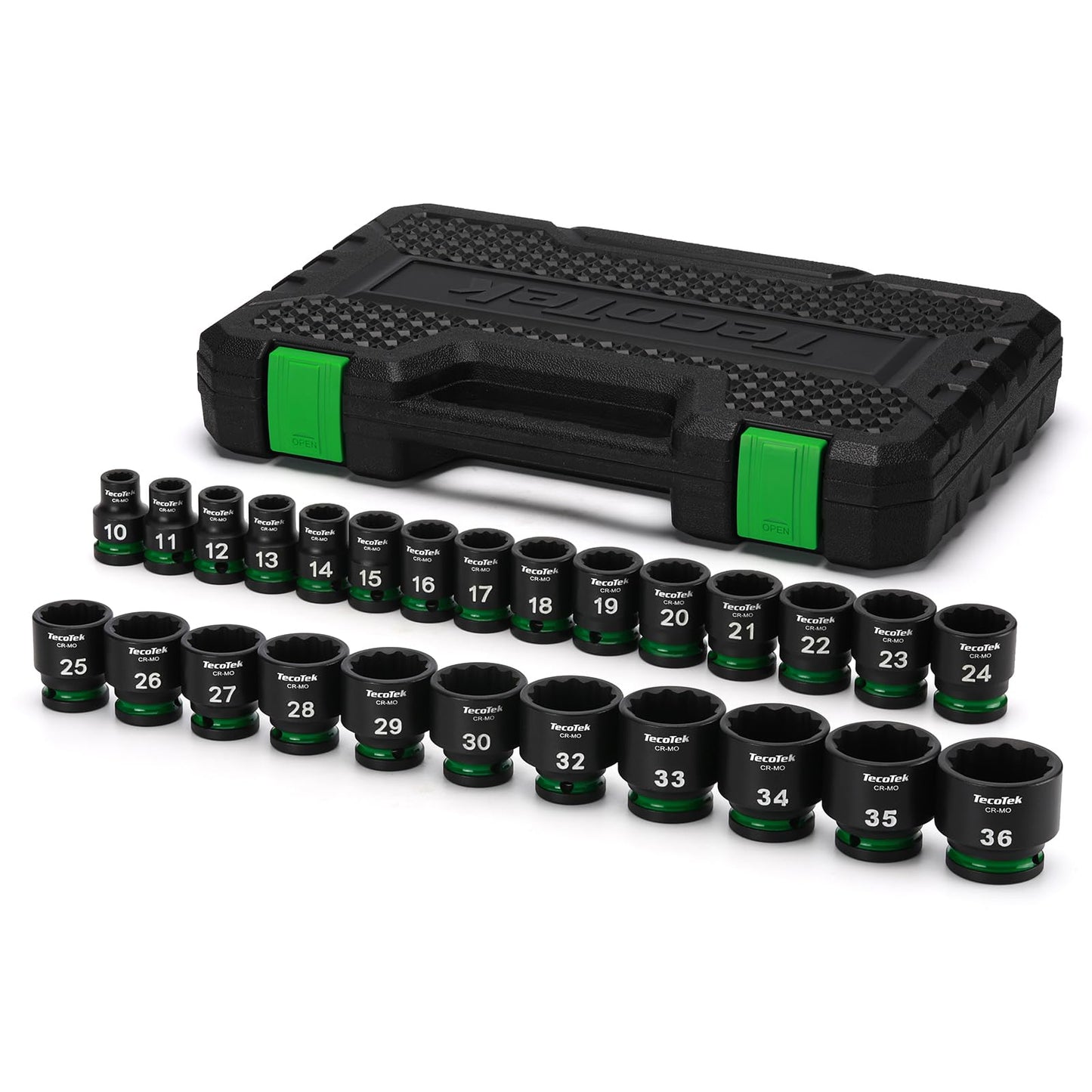 TecoTek 26 Pieces 1/2-Inch Drive Shallow 12-Point Metric Impact Socket Set, CR-MO, 10mm to 36mm, Stamped and Ink Filled Size Marking, Heavy Duty Storage Case