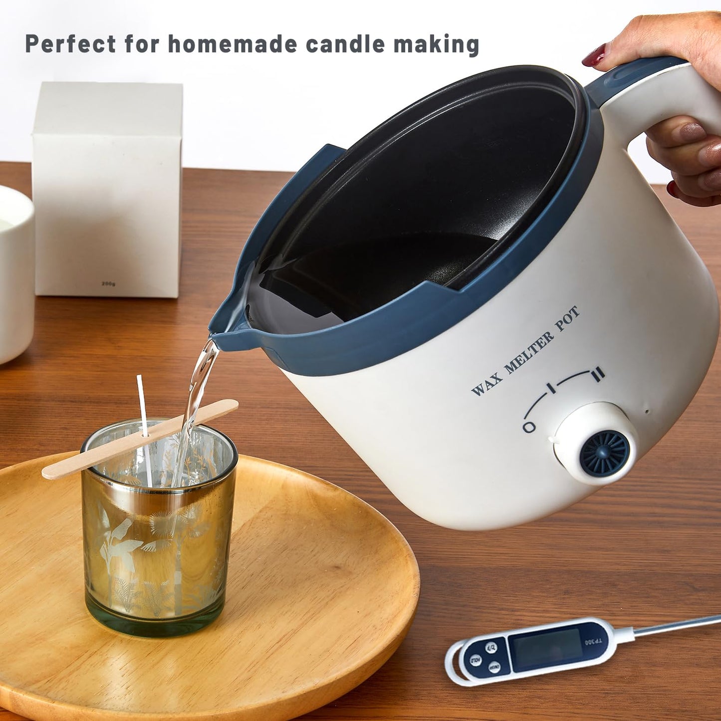 Candle Wax Melting Pot with Spout, Electric Wax Melter for Candle Making, Small Candle Making Pouring Pot with Heat-Resistant Handle, Double Boiler Pot for Adult (electric wax melter with thermometer)