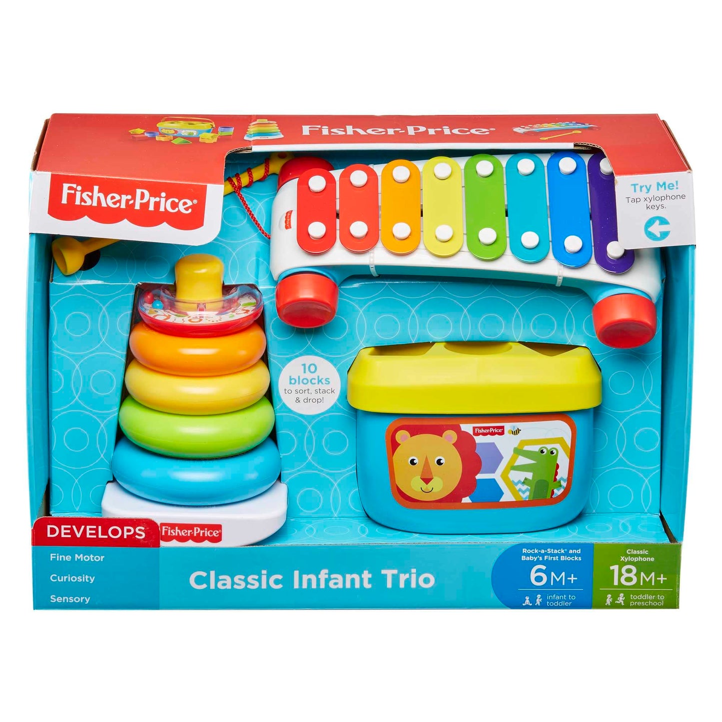 Fisher-Price Classic Infant Trio, toy set of three baby toys for stacking, sorting and musical play