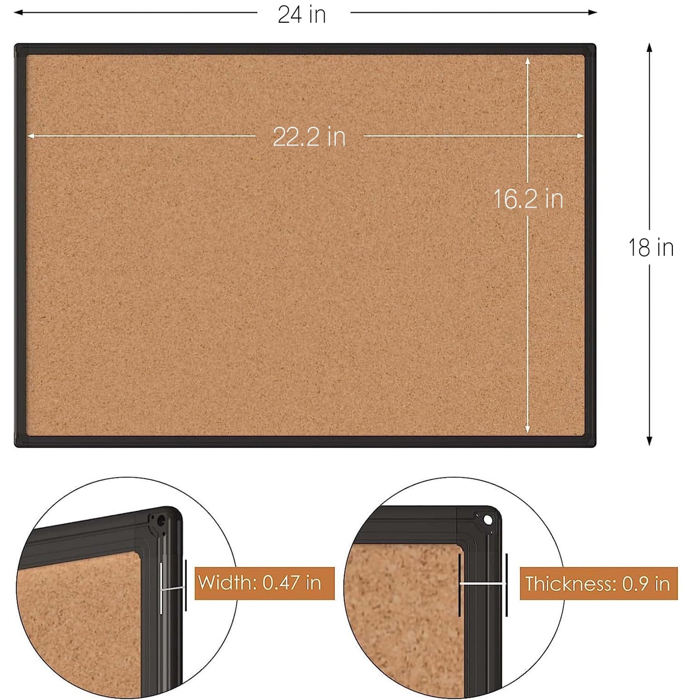 Board2by Cork Board Bulletin Board 24 x 18, Black Aluminium Framed Corkboard, Office Board for Wall Cork, Large Wall Mounted Notice Pin Board with 16 Push Pins for School, Home & Office