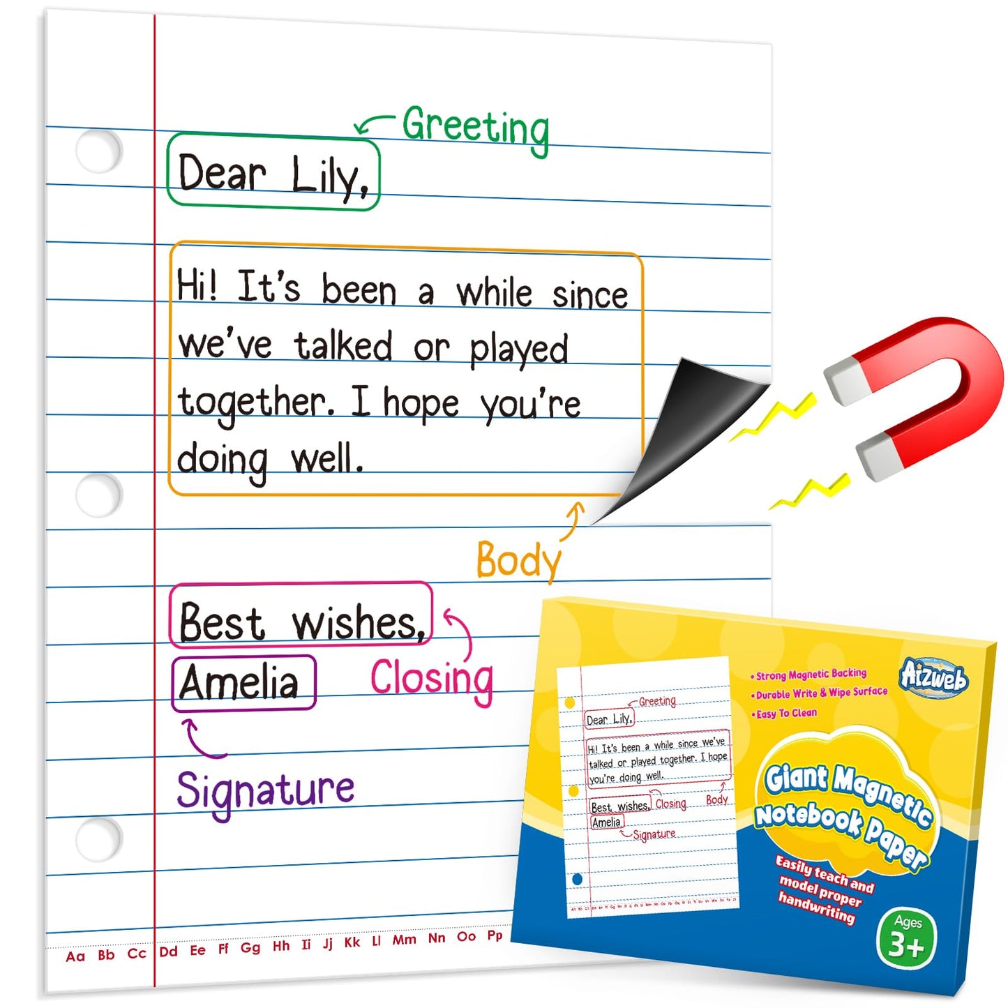 Aizweb Giant Magnetic Notebook Paper,Dry Erase Handwriting Lined for Classroom Whiteboard Accessories, Chart Paper Teacher Must Have Homeschool Teaching Supplies,Teacher Essential,17" x 21.5"