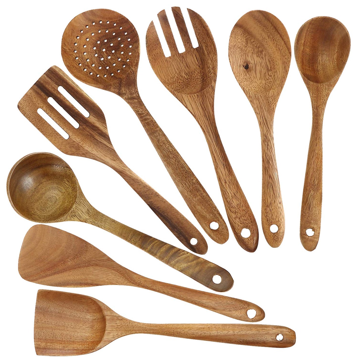 Bekith 8 Pack Wooden Spoons for Cooking, Kitchen Utensils Set, Natural Teak Long Wood Spoon and Spatula for High Heat Stirring, Baking, Non Stick Pots and Pans