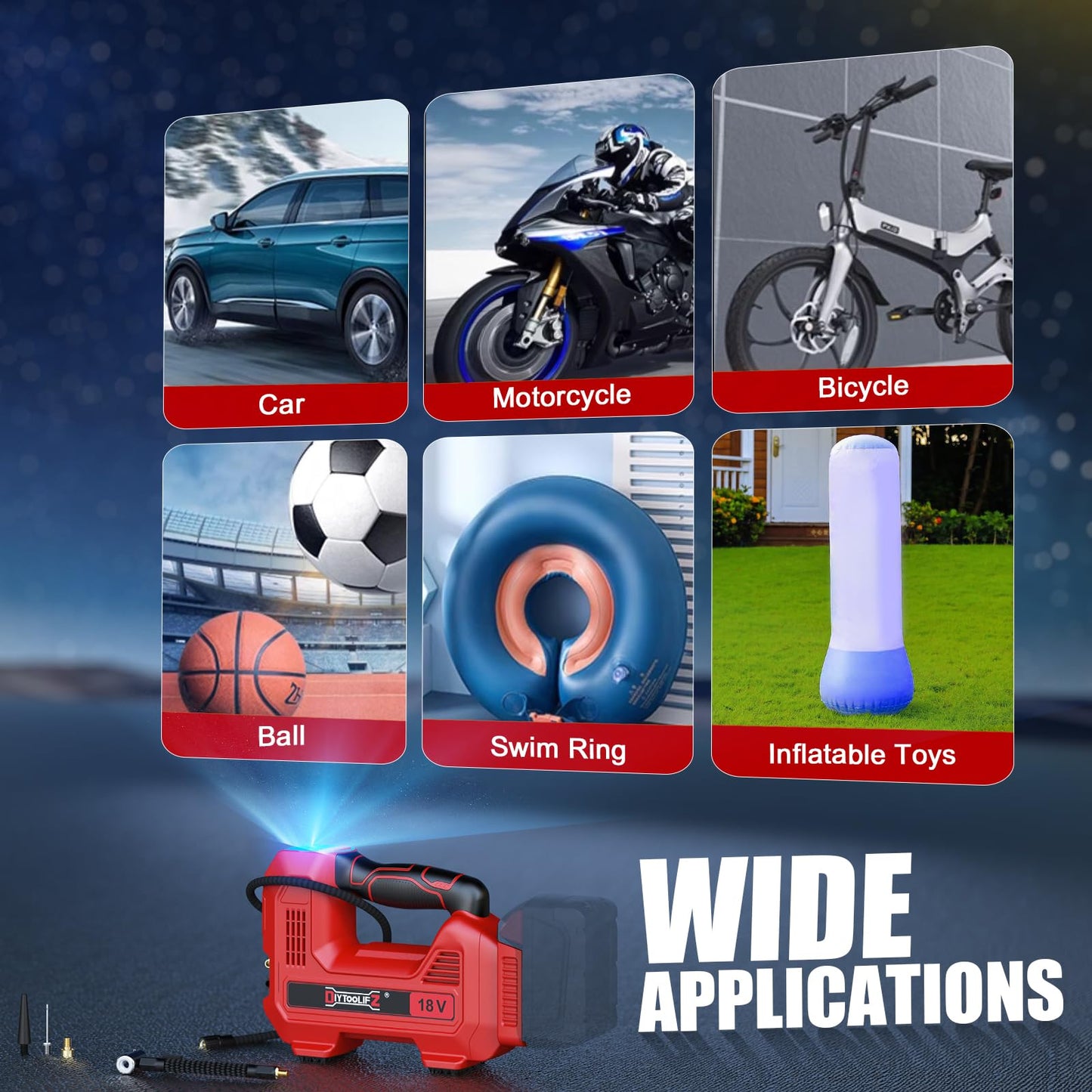 DIYtoolifz Cordless Tire Inflator Air Compressor Compatible with Milwaukee 18V, 160PSI Portable LED Light Handheld Air Pump with Digital Pressure Gauge for Cars Motorcycles Bikes