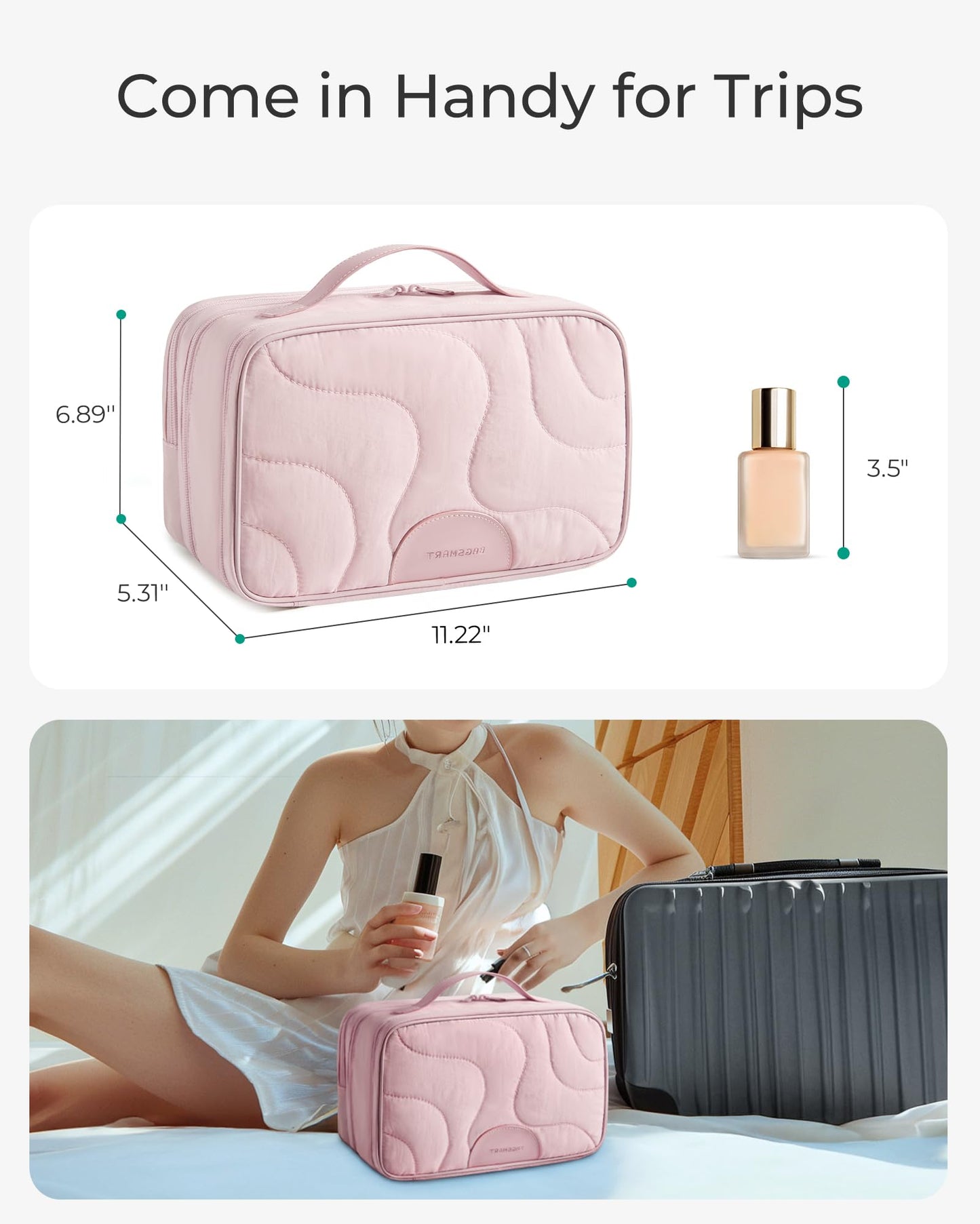 BAGSMART Toiletry Bag for Women, Wide-open Makeup Bag Organizer for Travel Essentials Travel-size, Water-resistant Large Capacity Cosmetic Bag for Accessories, Shampoo, Toiletries with Handle, Pink