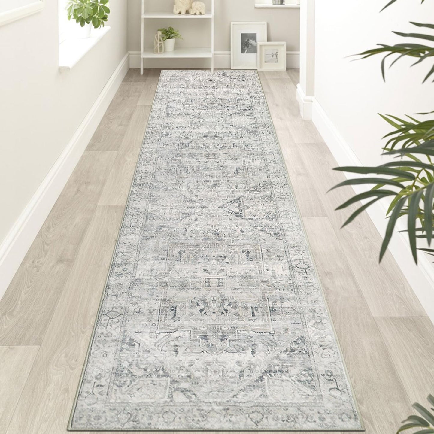 Homcomoda Hallway Runner Rug 2'x10' Washable Runner Rug Non Slip Long Runner Rugs for Hallway Boho Kitchen Runner Rug Distressed Carpet Runner for Hallway Entryway Bedroom, Grey/Beige