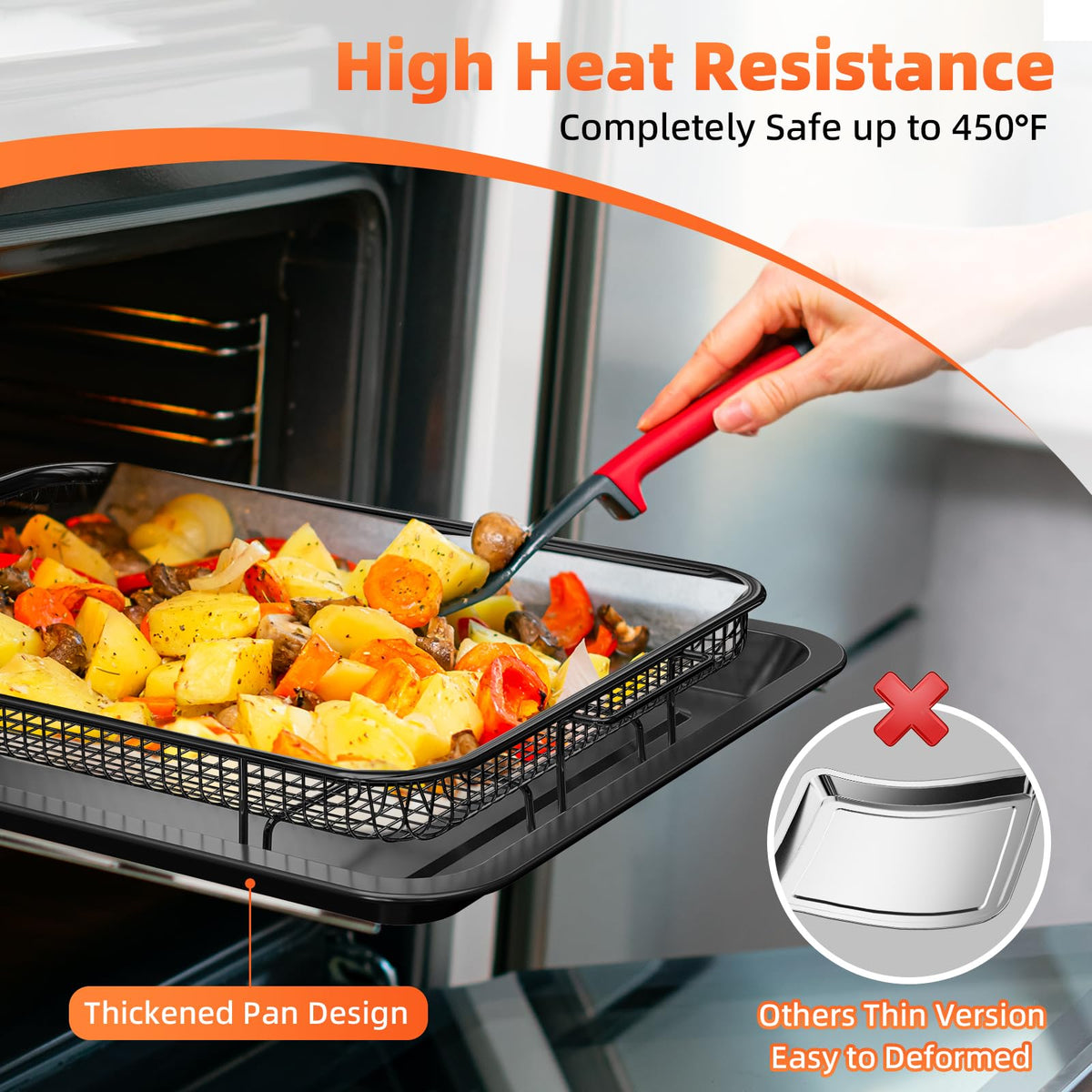 Air Fryer Basket, 2 Set Air Fryer Pans and Tray for Oven with 60 PCS Parchment Papers, Demaxia Non-Stick Stainless Steel Oven Air Fryer Basket and Tray (15.8" x 11" & 13" x 9.7"-Black)