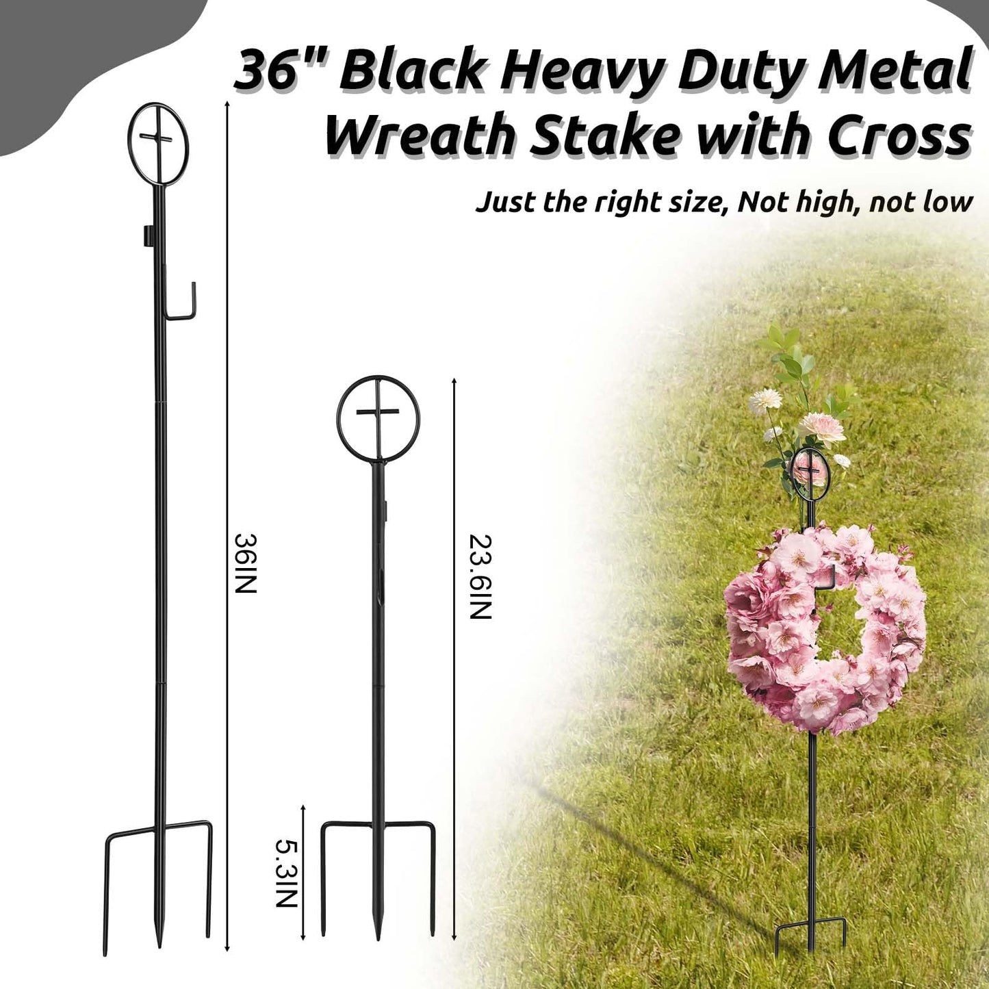 36" Black Metal Wreath Stake with Cross 3 Pronged Wreath Stake Heavy Duty Decoration Stand in Ground Cemetery Grave Wreath Holder for Cemetery, Graveside, Memorial Garden, Weddings (2 Pack)