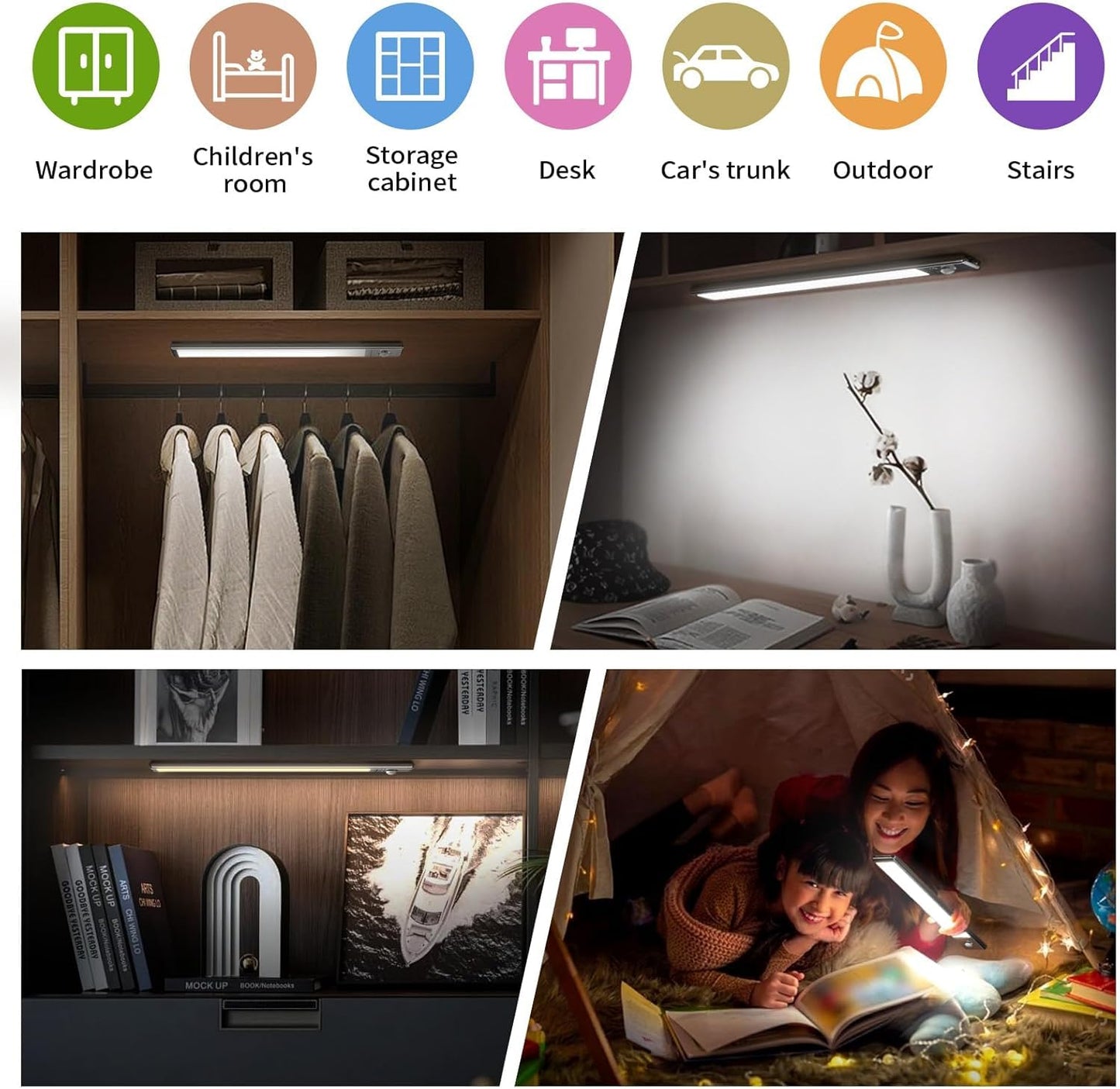 Under Cabinet Lights,1500mAh Rechargeable Closet Lights, 76 LED Operated Motion Sensor Light Indoor, Magnetic Under Counter Lights Wireless Dimmable for Kitchen, Stairs 4-Pack