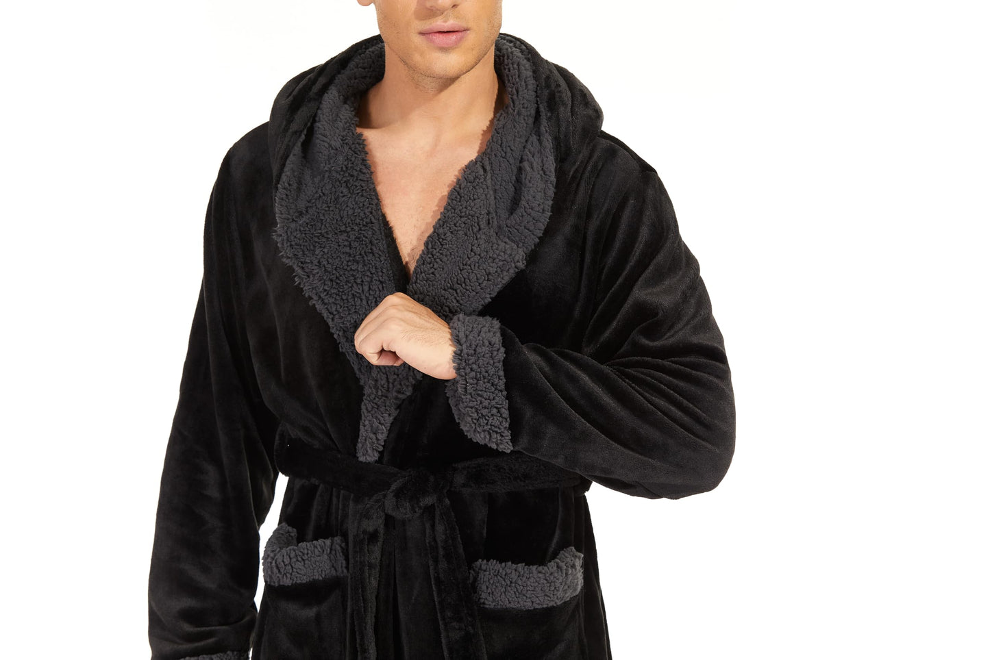 iniber Mens Hooded Robe, Soft Lightweight Plush Robes for Men, Warm Long Fleece Men's Bathrobe with Pockets