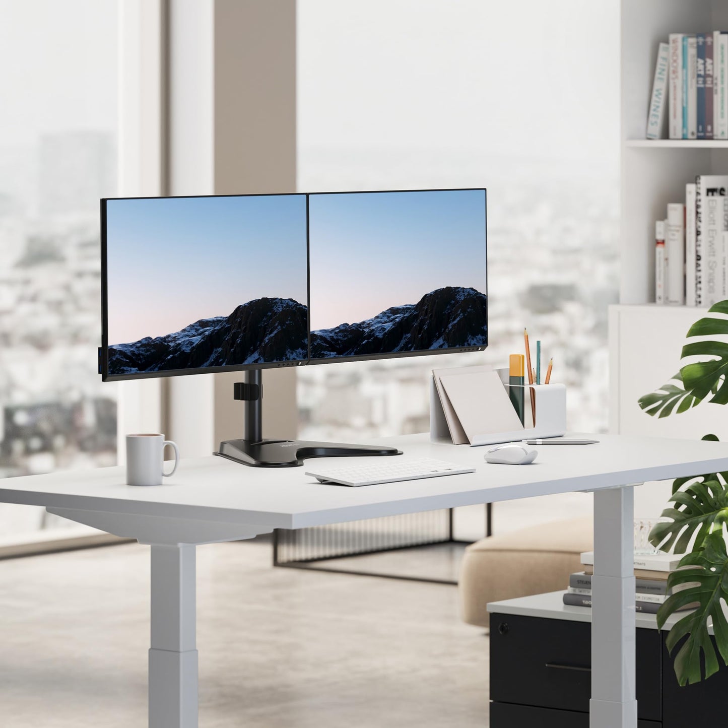 Mount-It! Dual Monitor Stand for Desk, Free Standing Monitor Mount for 2 Screens up to 32”, Height Adjustable with Tilt, Swivel & Rotation, VESA 75x75 & 100x100