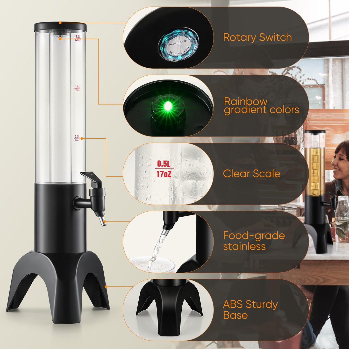 COSYOO Drink Tower, 1.5L Mimosa Tower Dispenser With Ice Tube and Led Light, Tabletop Beer Dispenser 1.58 Qt./50oz, Ideal for Parties Bars Pubs Restaurants