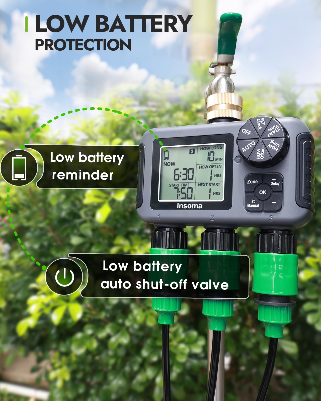 Insoma 3-Zone Water Timer Brass Inlet, Outdoor Sprinkler Timer + Waterproof IPX5, Programmable Automatic/Manual Watering, Rain Delay & Large Display, Suitable for Garden, Lawn, Yard Water Hoses