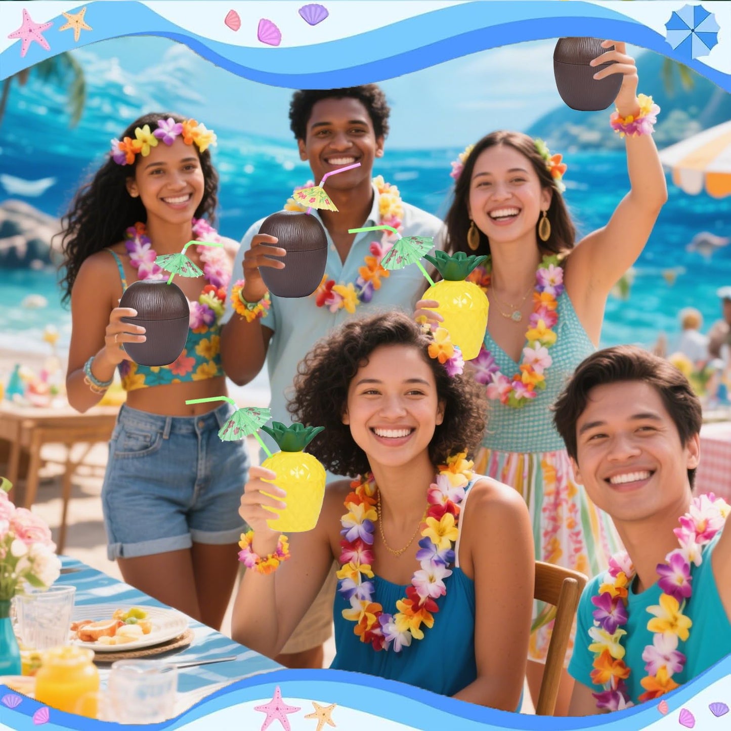 NINU 12 Pack Coconut Pineapple Cups with 12 Umbrella Straws and 12 Umbrella Cocktail Drinking Picks, Hawaiian Luau Tiki and Beach Theme Party Decorations for Kids/Adults