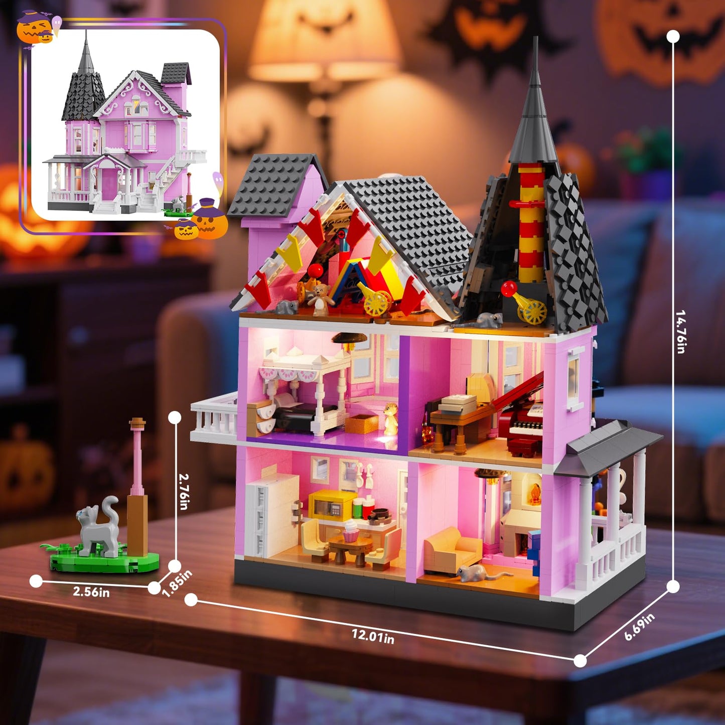 Pink Girls House Building Set with Light, Haunted House Construction Building Toys, Architecture Building Kit for Adults, Halloween for Boys Kids 8-12 (1537 PCS)