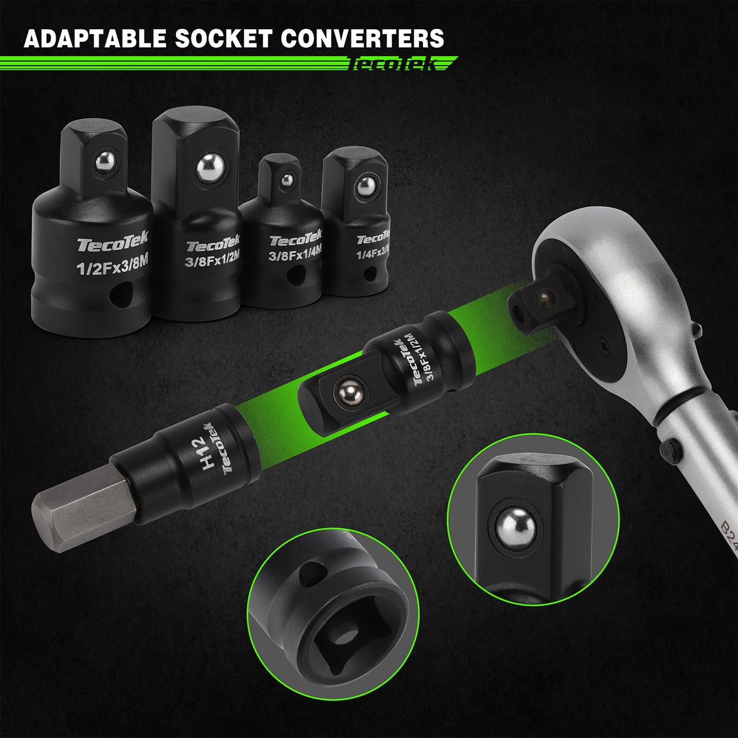 TecoTek 38PCS Hex Impact Bit Socket Set, 1/4", 3/8" and 1/2" Drive, SAE and Metric Allen Socket Bit, S2 and Cr-V Steel, S2 Steel, 5/64" - 3/4", 2mm - 19mm, Includes 5PCS Socket Adapters