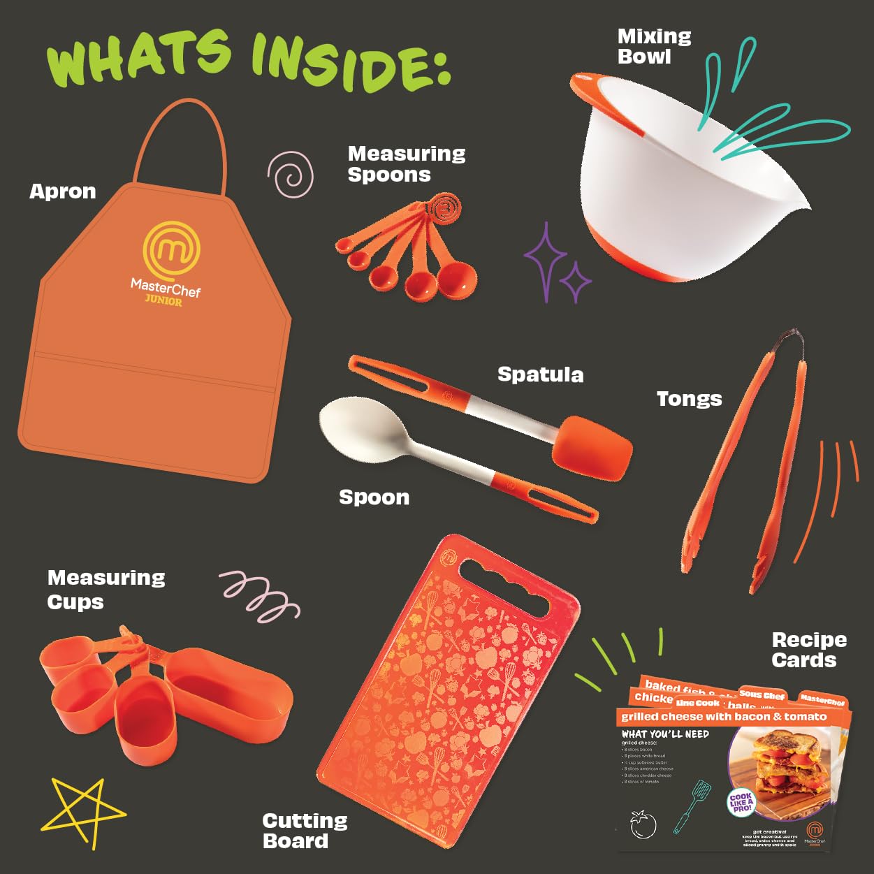 MasterChef Junior Cooking Essentials Set - 9 Pc. Kit Includes Recipes, Apron, Cutting Board, Mixing Bowl, Measure Cups, Spoons, Homemade