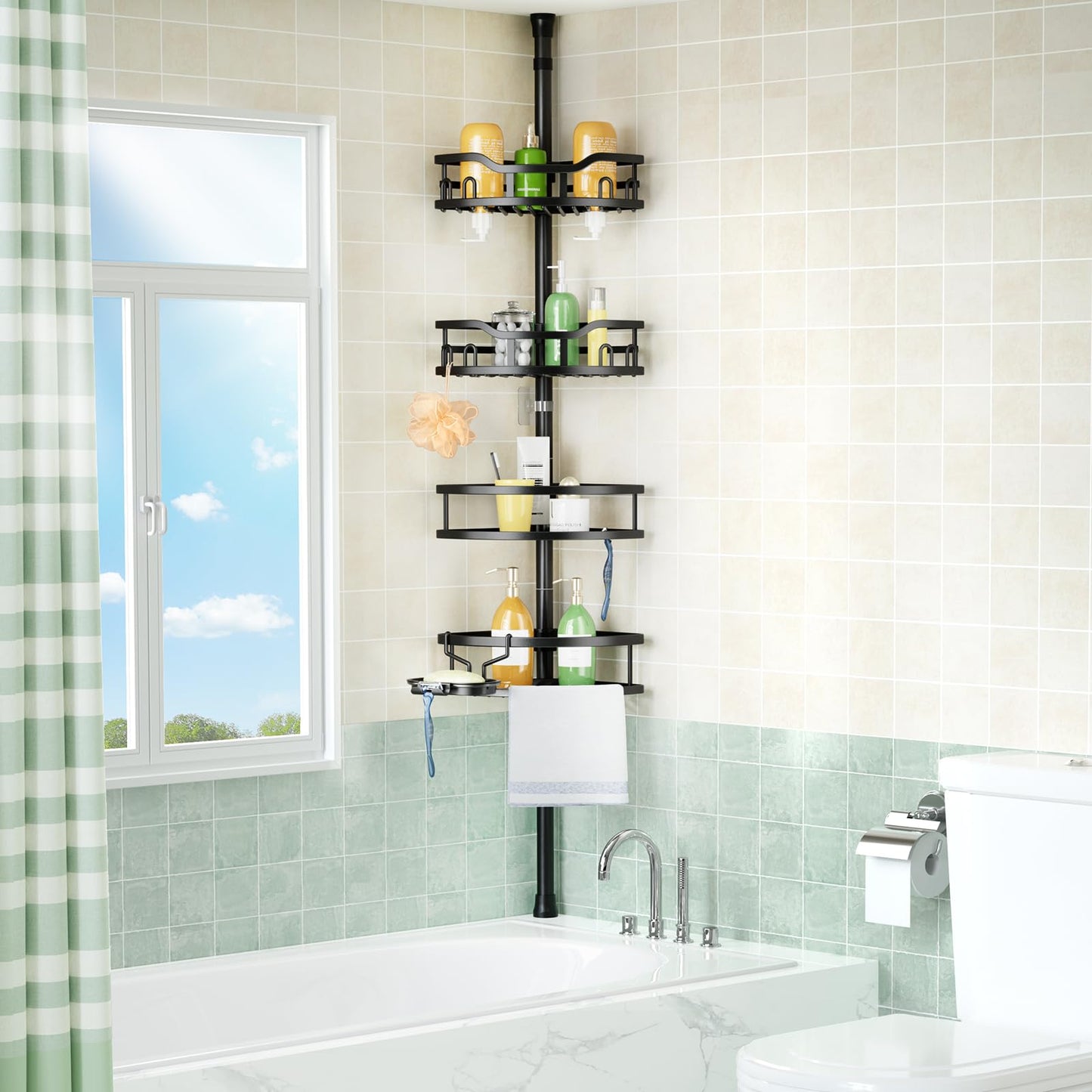 HAMITOR Corner Shower Caddy Tension Pole: High Capacity 4-Tier Rustproof Bathroom Organizer Shelves for Small Bathrooms - 47-121 inch Adjustable Floor Standing Bath Rack Holder - Black