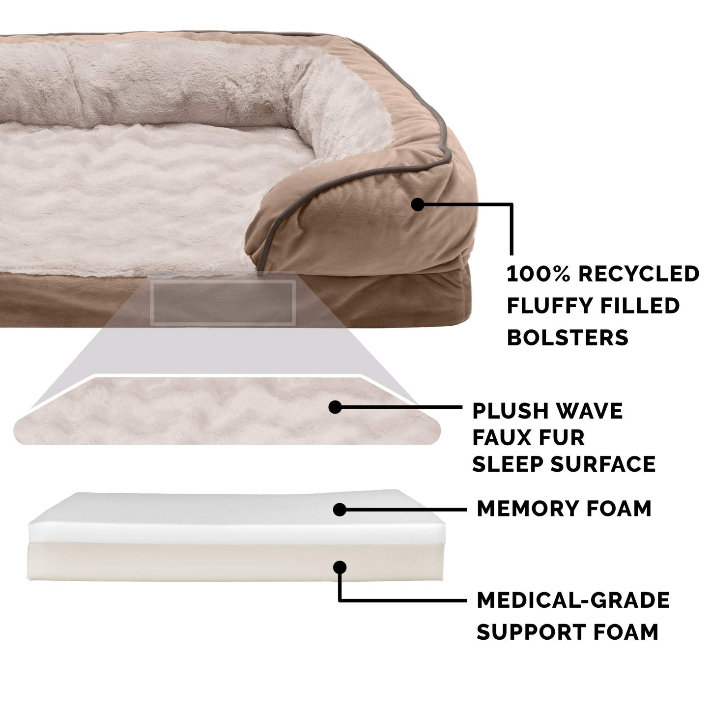Furhaven Memory Foam Dog Bed for Medium/Small Dogs w/Removable Bolsters & Washable Cover, for Dogs Up to 35 lbs - Plush & Velvet Waves Perfect Comfort Sofa - Brownstone, Medium