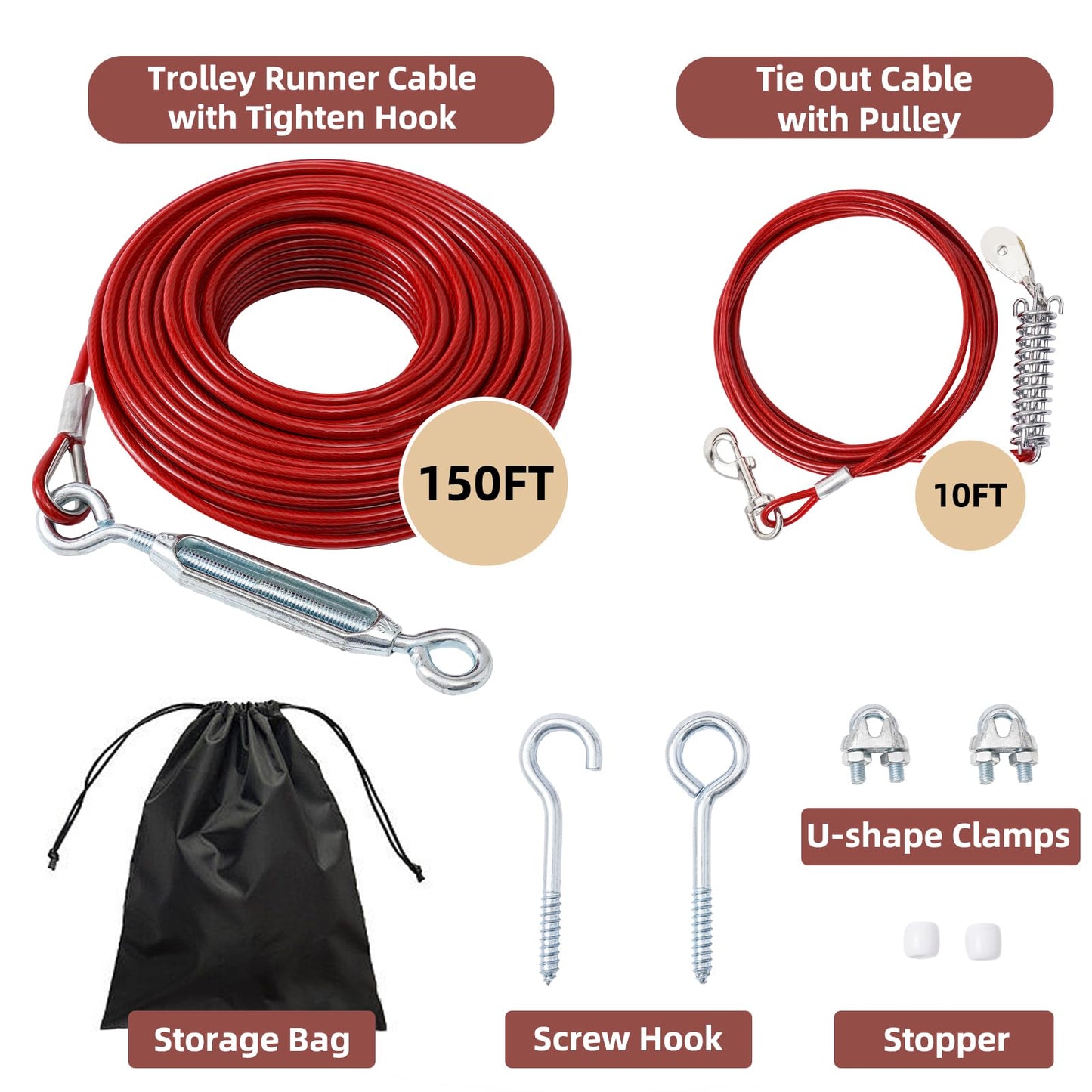 LUFFWELL 150FT Dog Runner for Yard with 10FT Tie Out Cable - Heavy Duty Trolley System for Large Dogs Up to 250LBS, Backyard/Park/Camping Use (Red, 150FT+10FT)