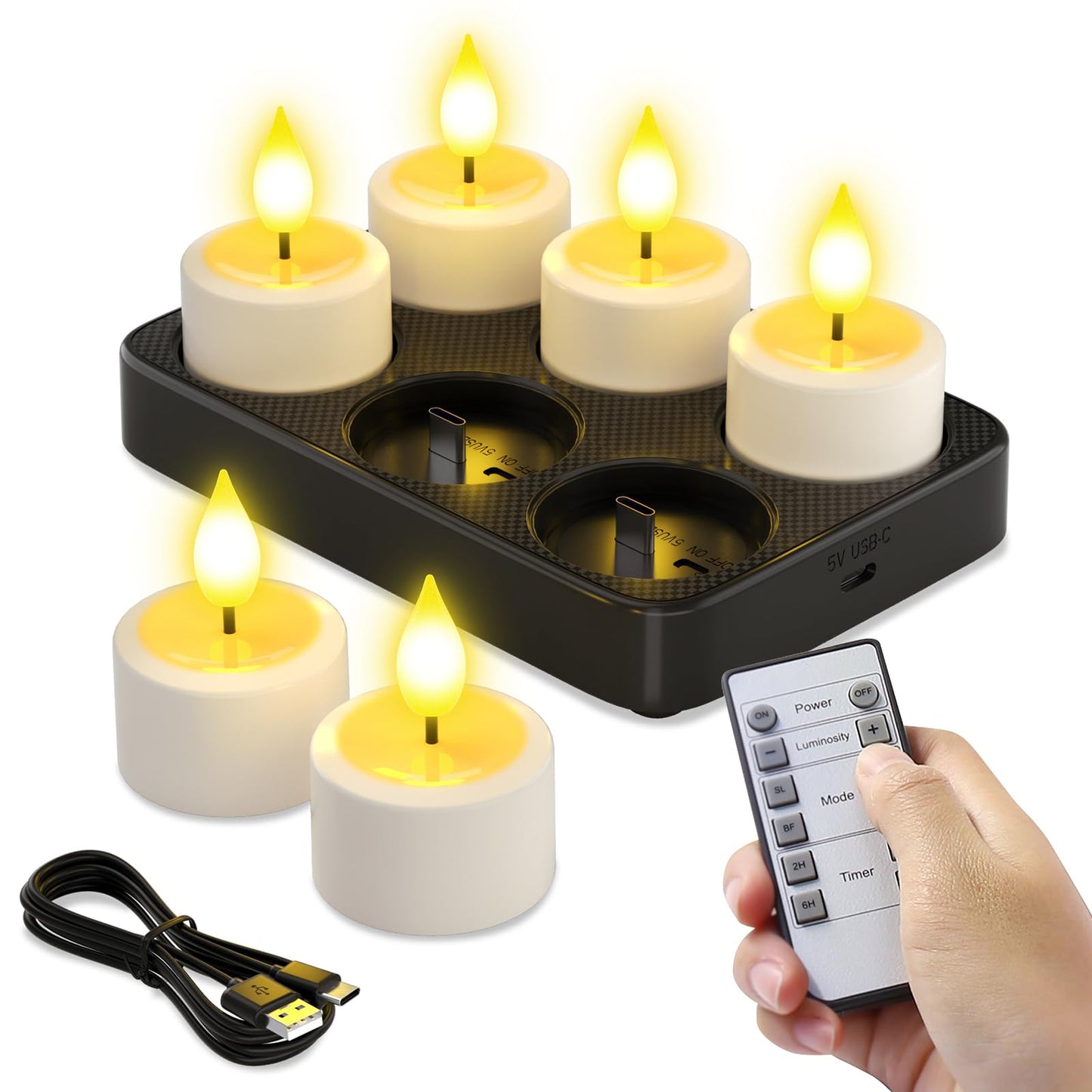 SoulBay Rechargeable Tea Lights Candles, 6pcs Flameless Candles with Remote Timer & Charging Base, Small Decorative Votive Candle for Lantern Pool Mantle Weddings Home Indoor Christmas