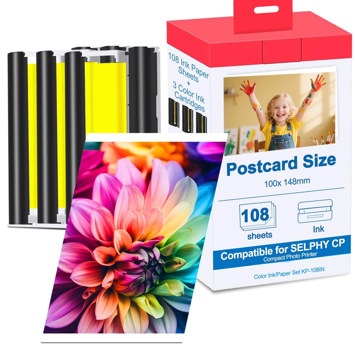 Compatible for Canon Selphy CP1300 Paper and Ink-KP108IN 3 Color Ink Cartridges & 108 Sheets 4x6 Photo Paper for Selphy CP1300, CP1200, CP1500, CP910, CP900, CP760, CP770, CP780 CP800 Printer