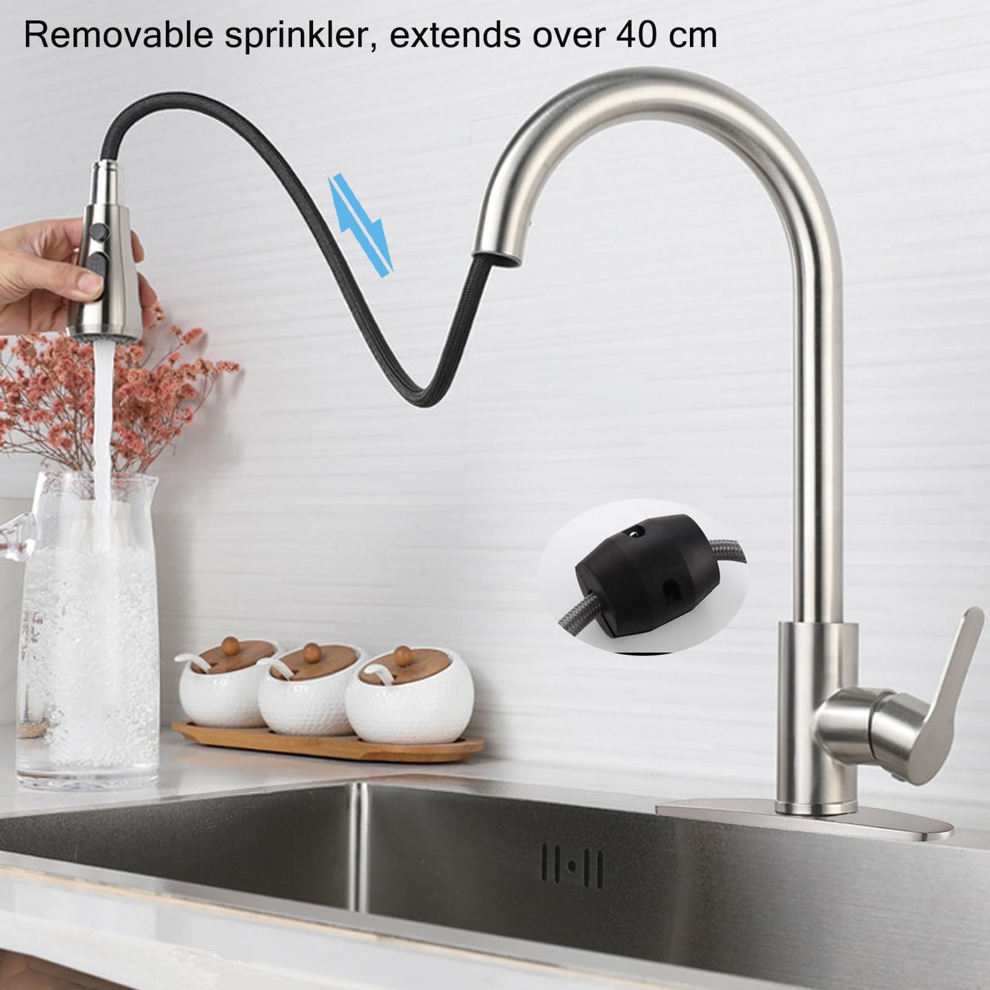 LKUWEE Kitchen Faucet, Stainless Steel 360° Swivel Kitchen Sink Faucets, Hot and Cold Water Kitchen Tap Pullout Sink Faucet with 2 Hoses, Brushed Nickel